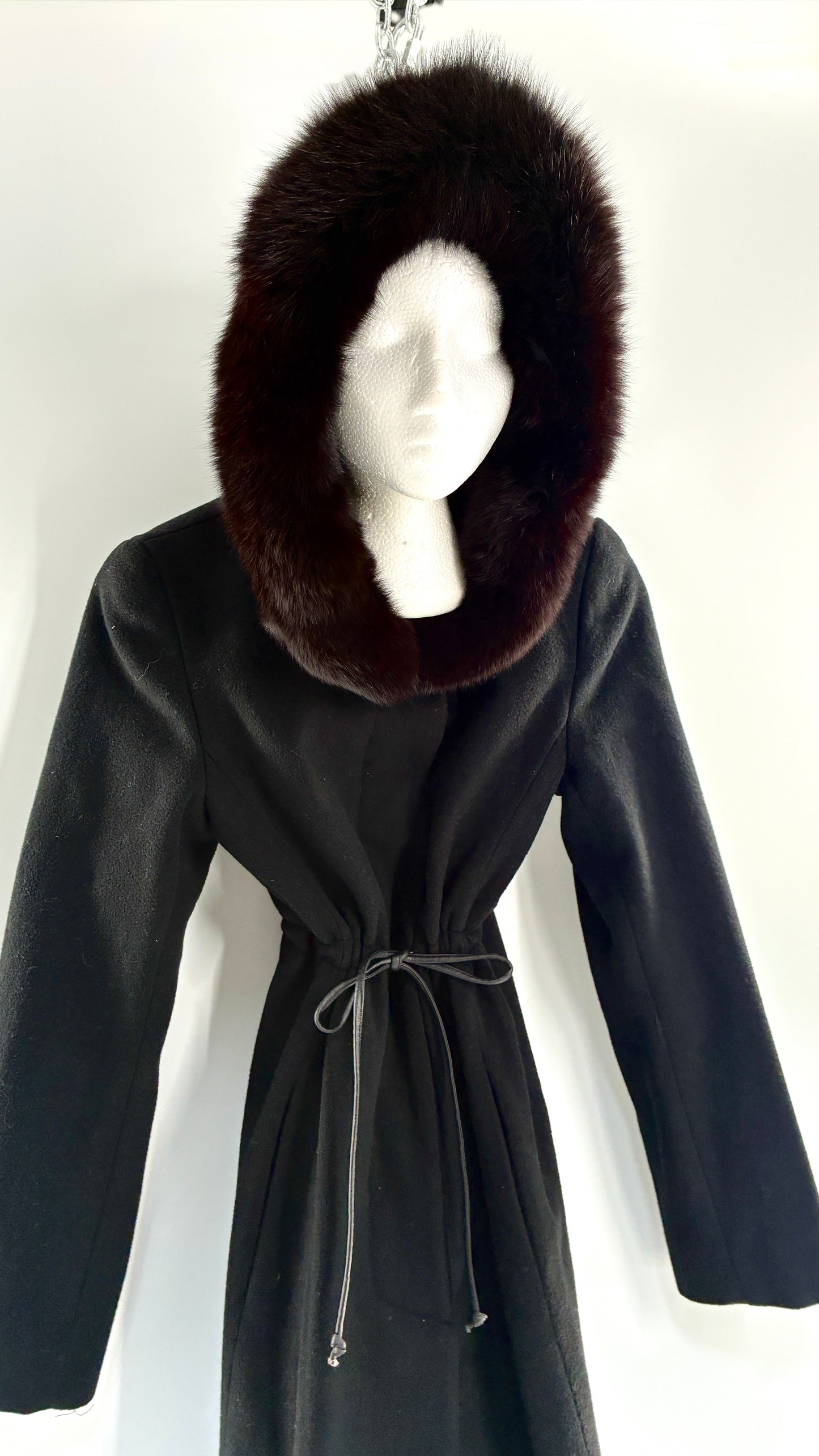 Vintage STEVE by SEARLE Cashmere Blend Coat with Underbust Tie and Fur Hood