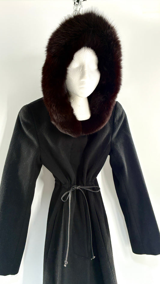 Vintage STEVE by SEARLE Cashmere Blend Coat with Underbust Tie and Fur Hood