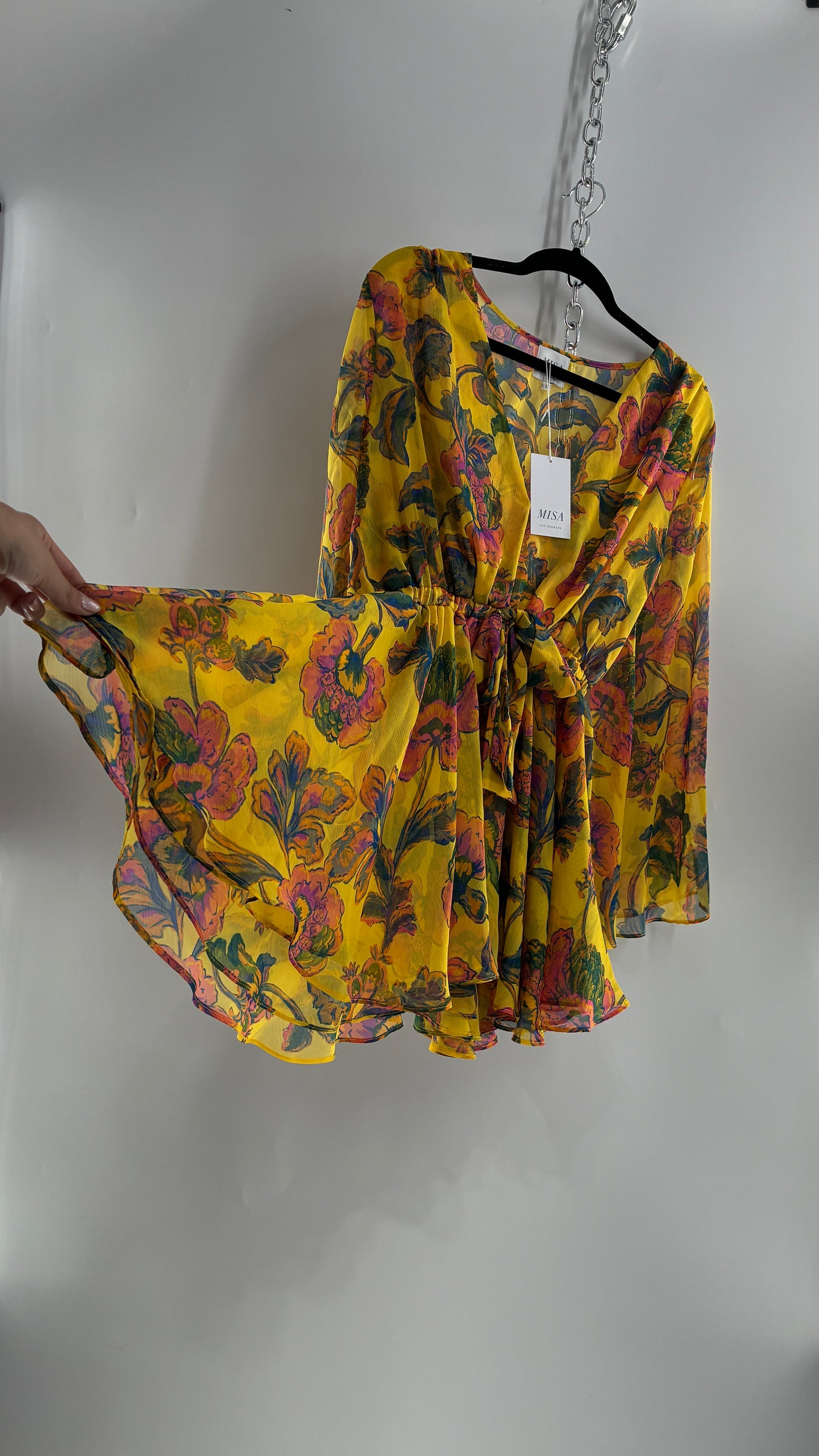 MISA Los Angeles KAIA Yellow Floral Bell Sleeve Long Sleeve Top/Micro Mini Dress with Tags (Small)