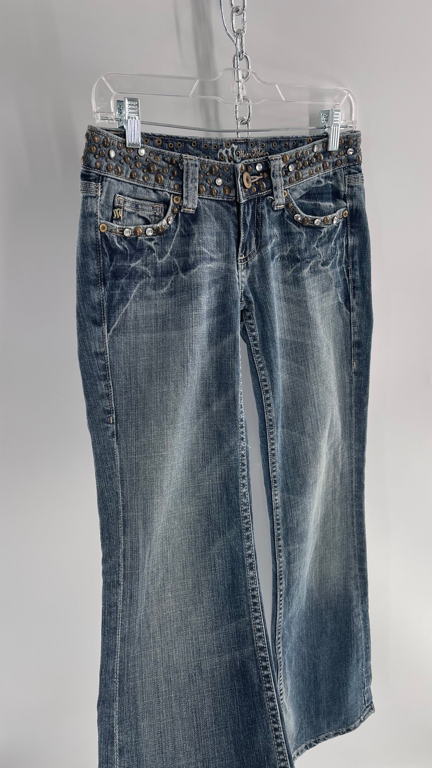 Vintage Miss Me Grainy Stone Wash Kick Flares with Studded Low Waist and Back Pockets (26)