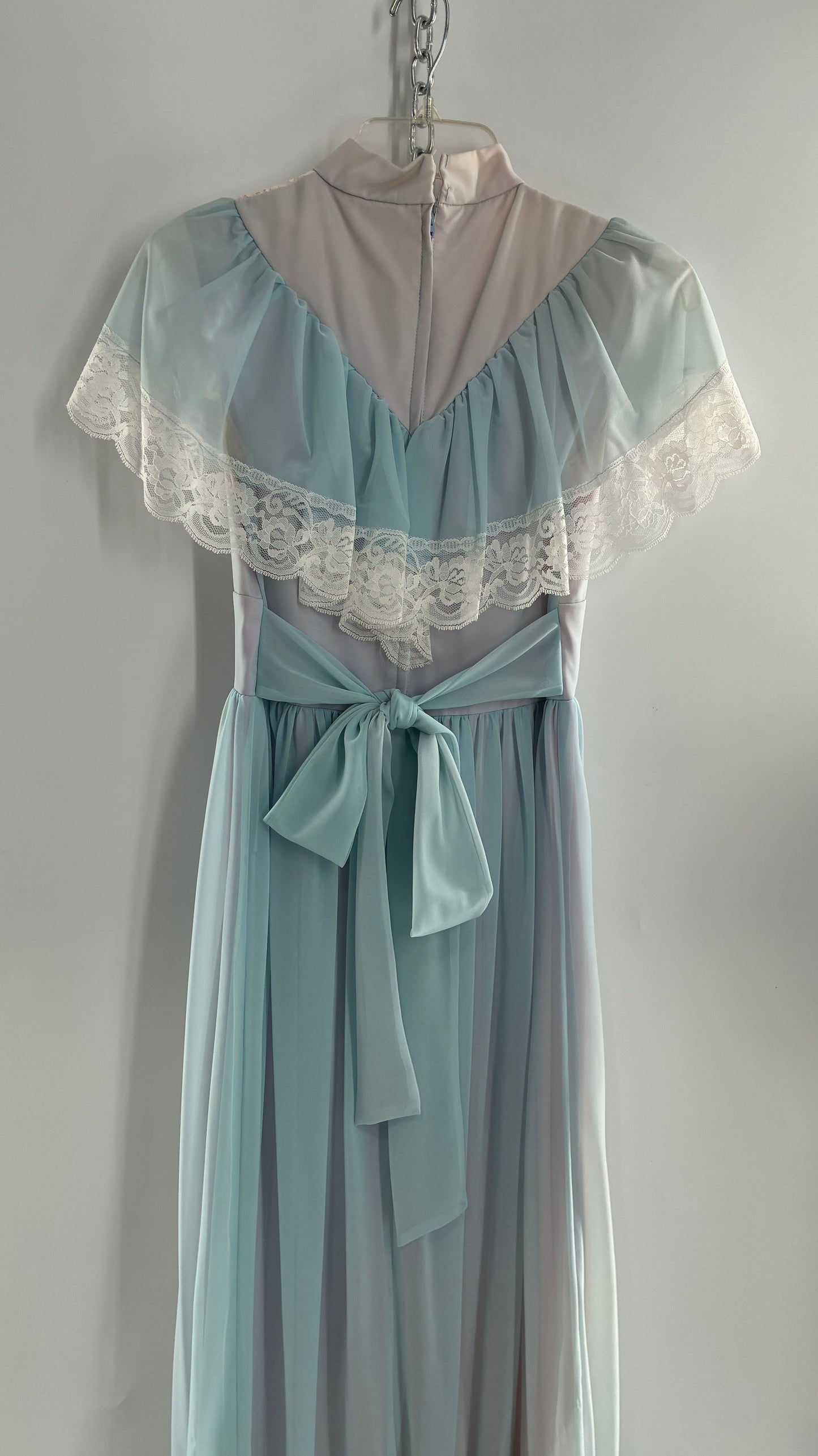 Vintage Handmade 1960s Powder Blue Overlay, Lilac Underlay Gown, Prairie Wedding Dress