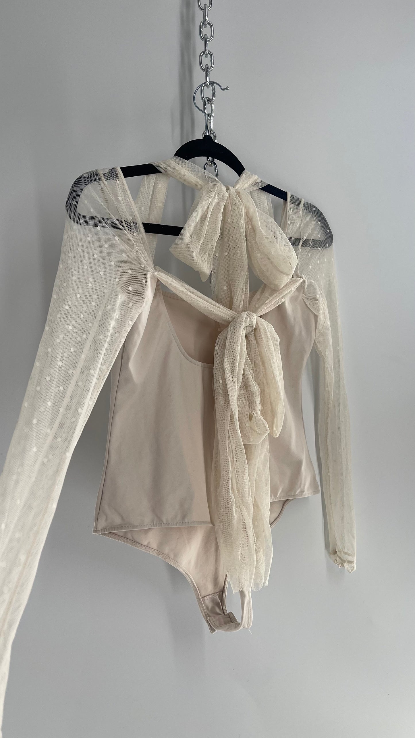 Intimately Free People Cream Bodysuit with Mesh Polka Dot Sleeves and Straps (Medium)