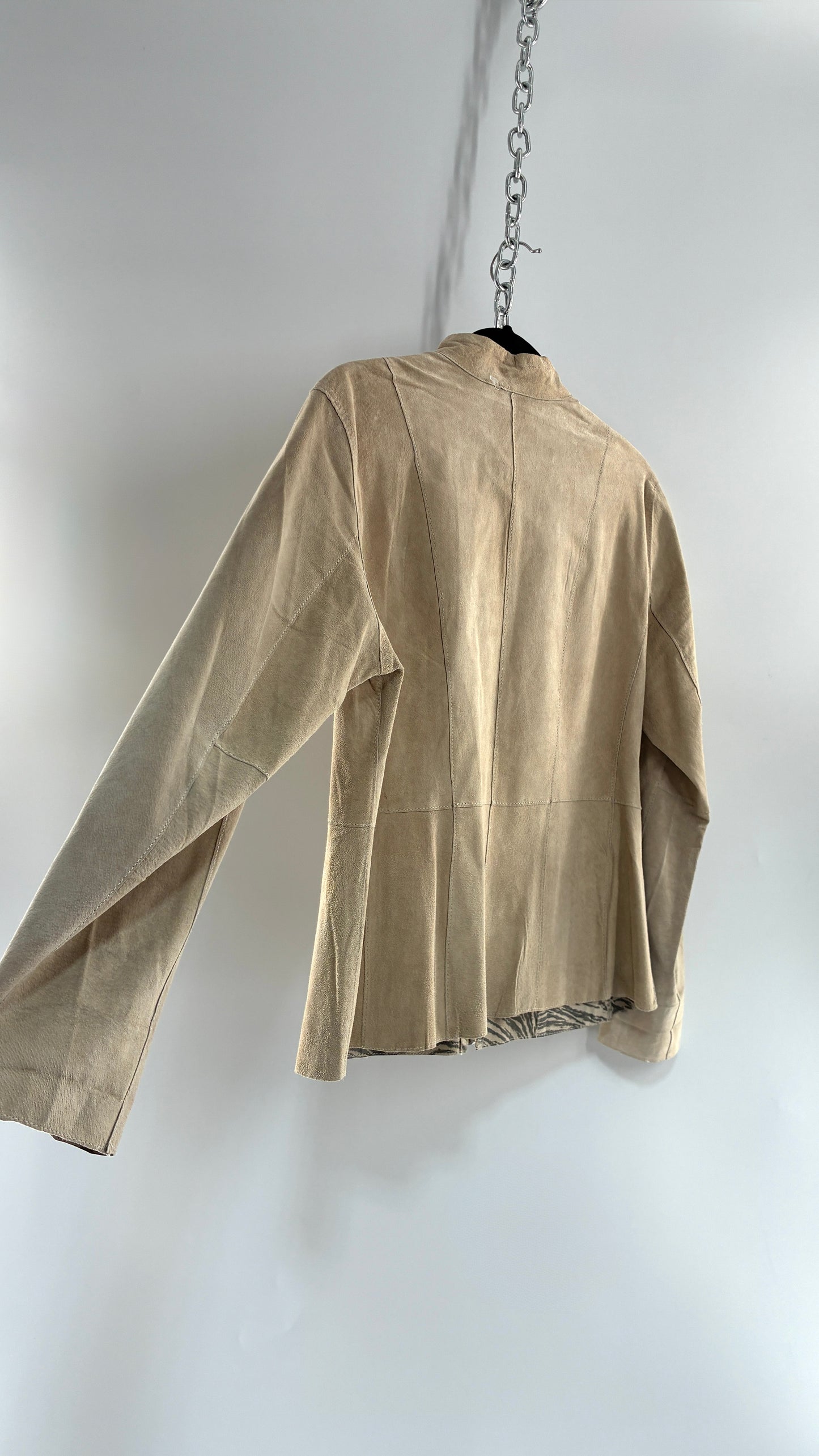 Vintage Reversible Thin Genuine Suede Leather Zip Up Jacket Beige/Zebra (Medium)