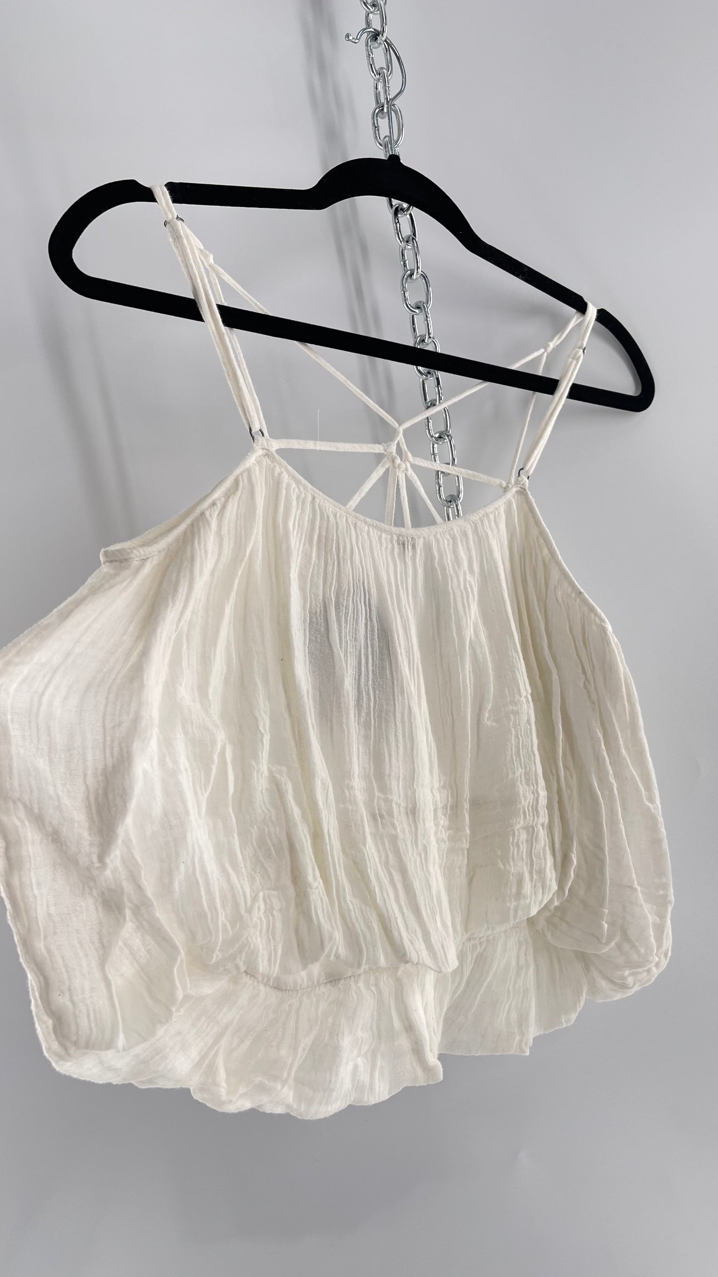 Free People White Cotton Bubble Sleeveless Blouse with Strappy Neckline (M)