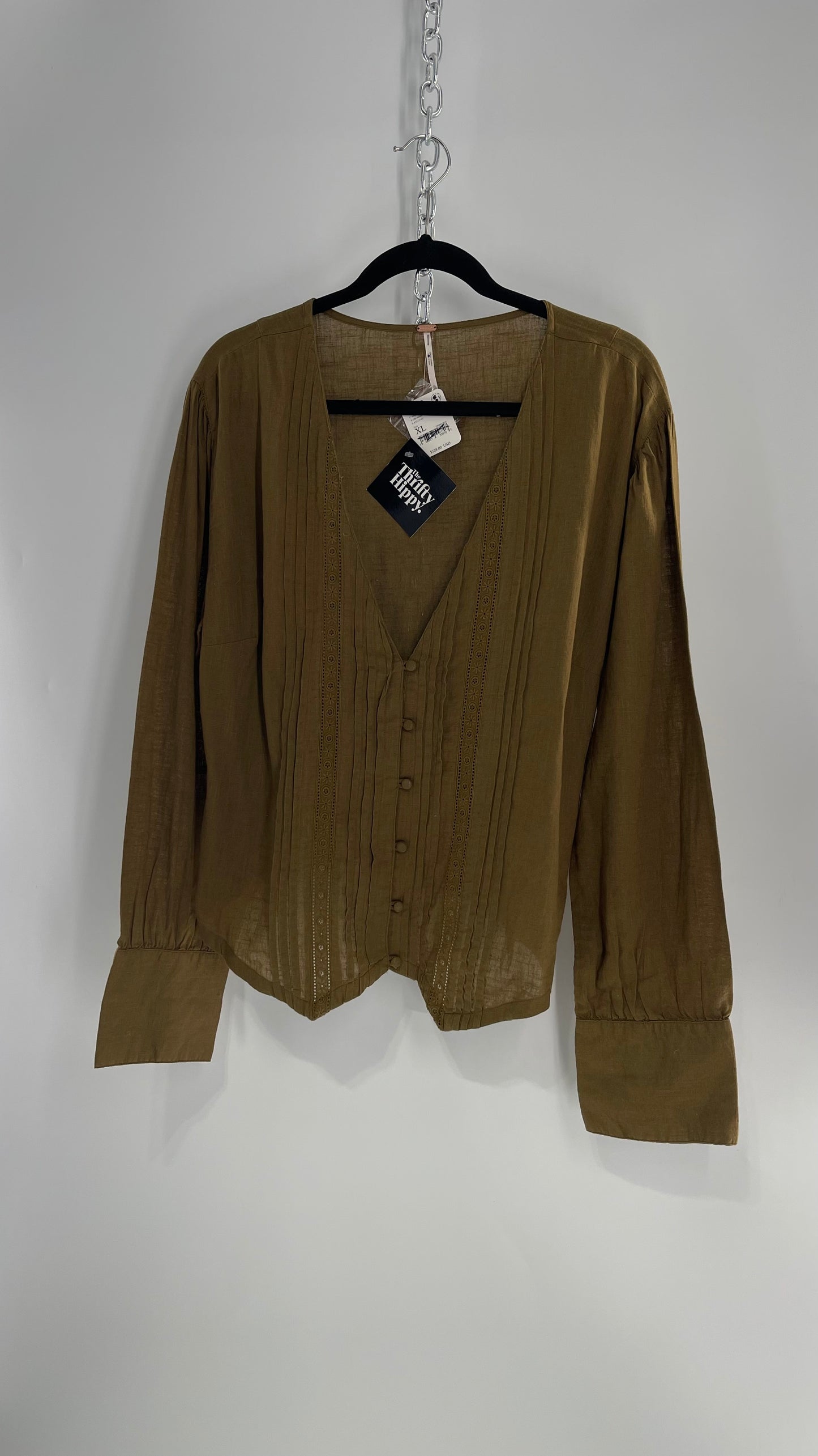 Free People Army Green Olive 100% Cotton Blouse with Pleats, Tie Back, Eyelet Lace Details, and Tags Attached (XL)