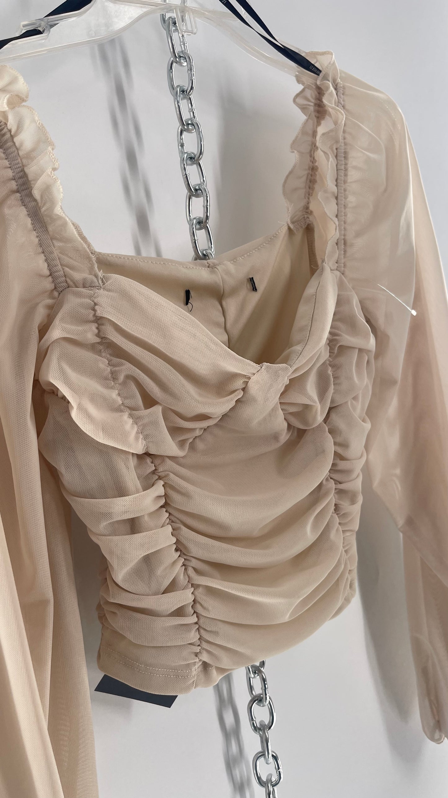 Beige Ruched Corseted Balloon Sleeve Blouse (Small)