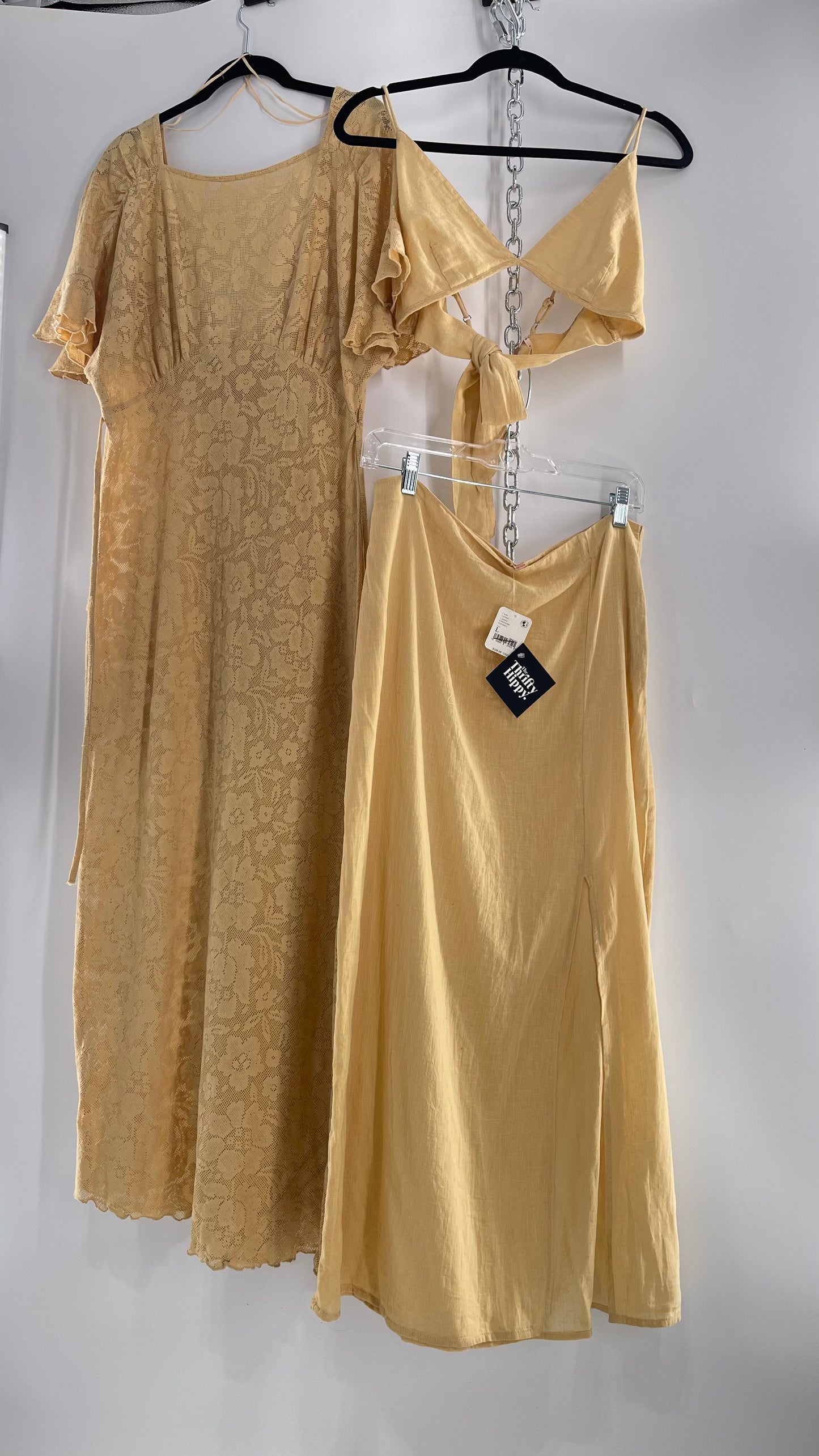 Free People Yellow Lace Gauze Maxi Dress Set with Bralette and Side Grommet Skirt (Large)