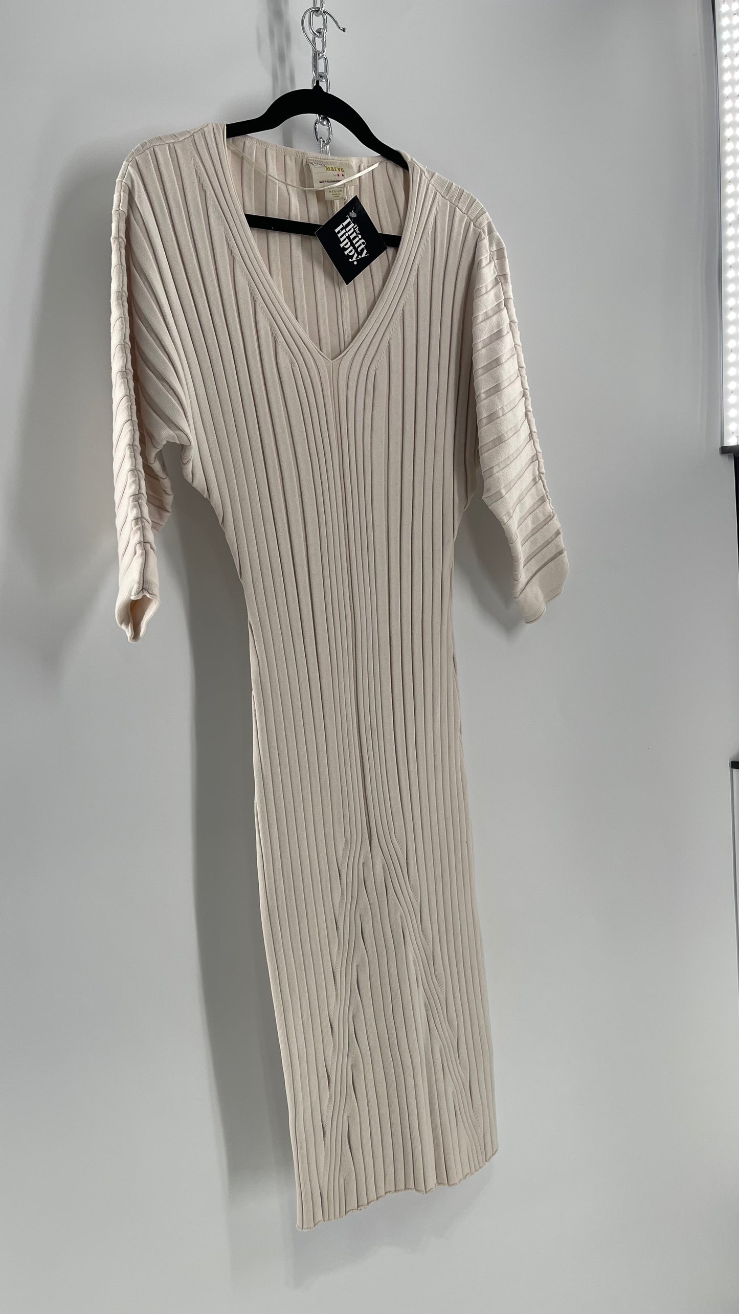 Maeve Anthropologie Beige Knit Midi Length Dress with Accentuating Patterning (Medium)