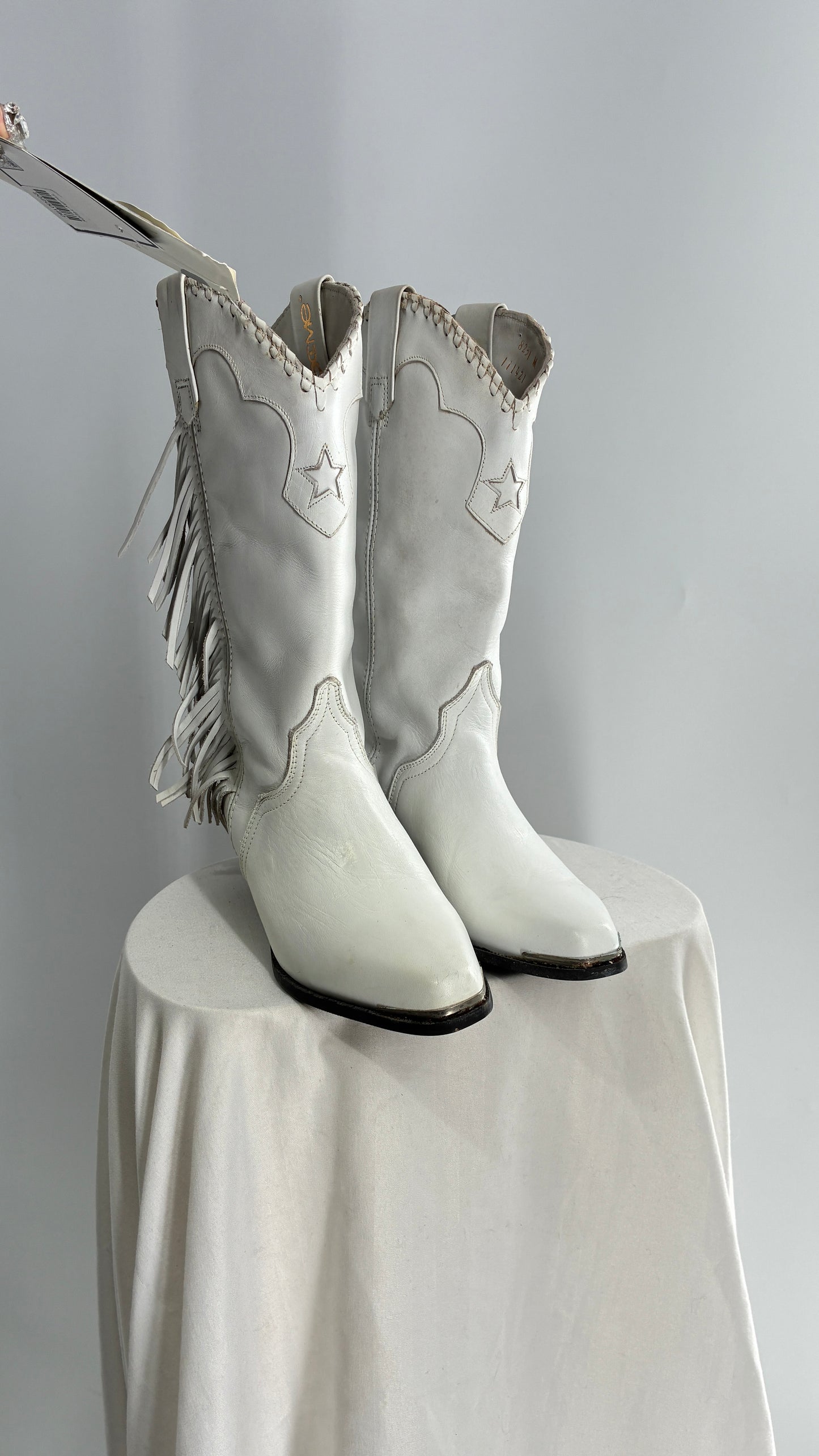 Deadstock Vintage ACME White Cowboy Boots with Braided Cuff, Fringe Sides(6)