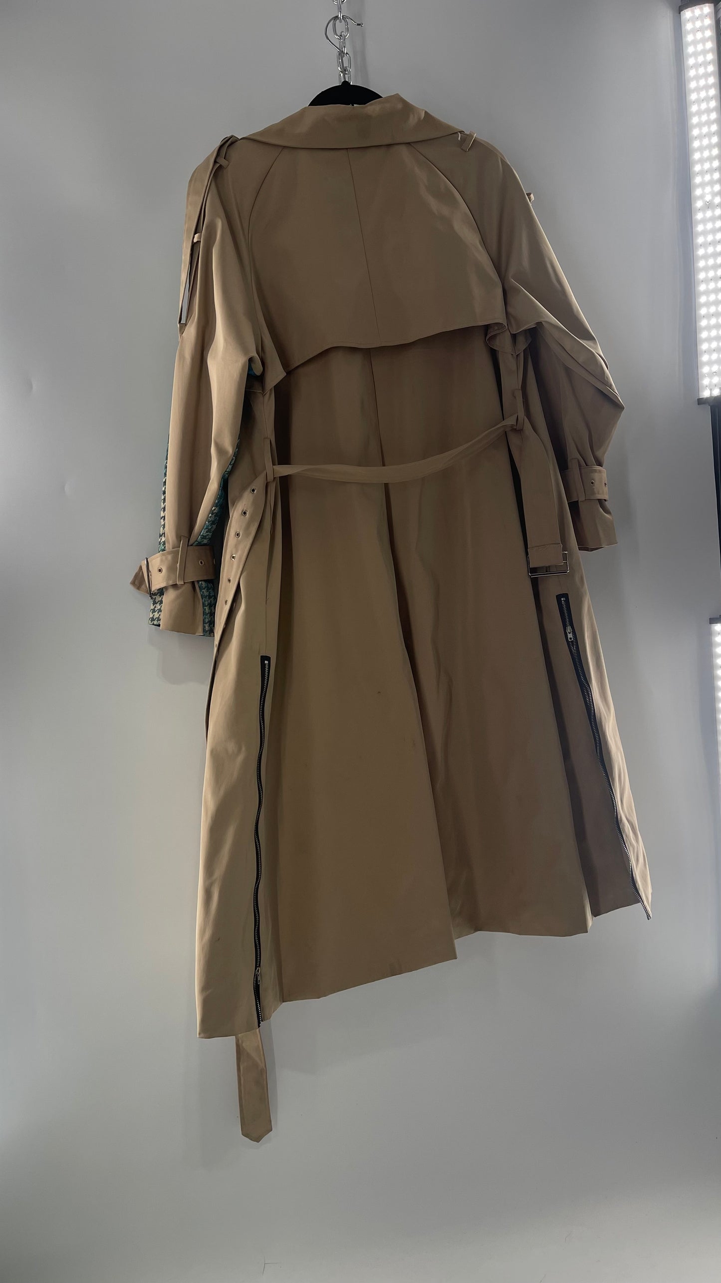 Tan Belted, Double Breasted Trench Coat with Plaid Colorful Graphics and Contrasting Black Zippers (C)(M)