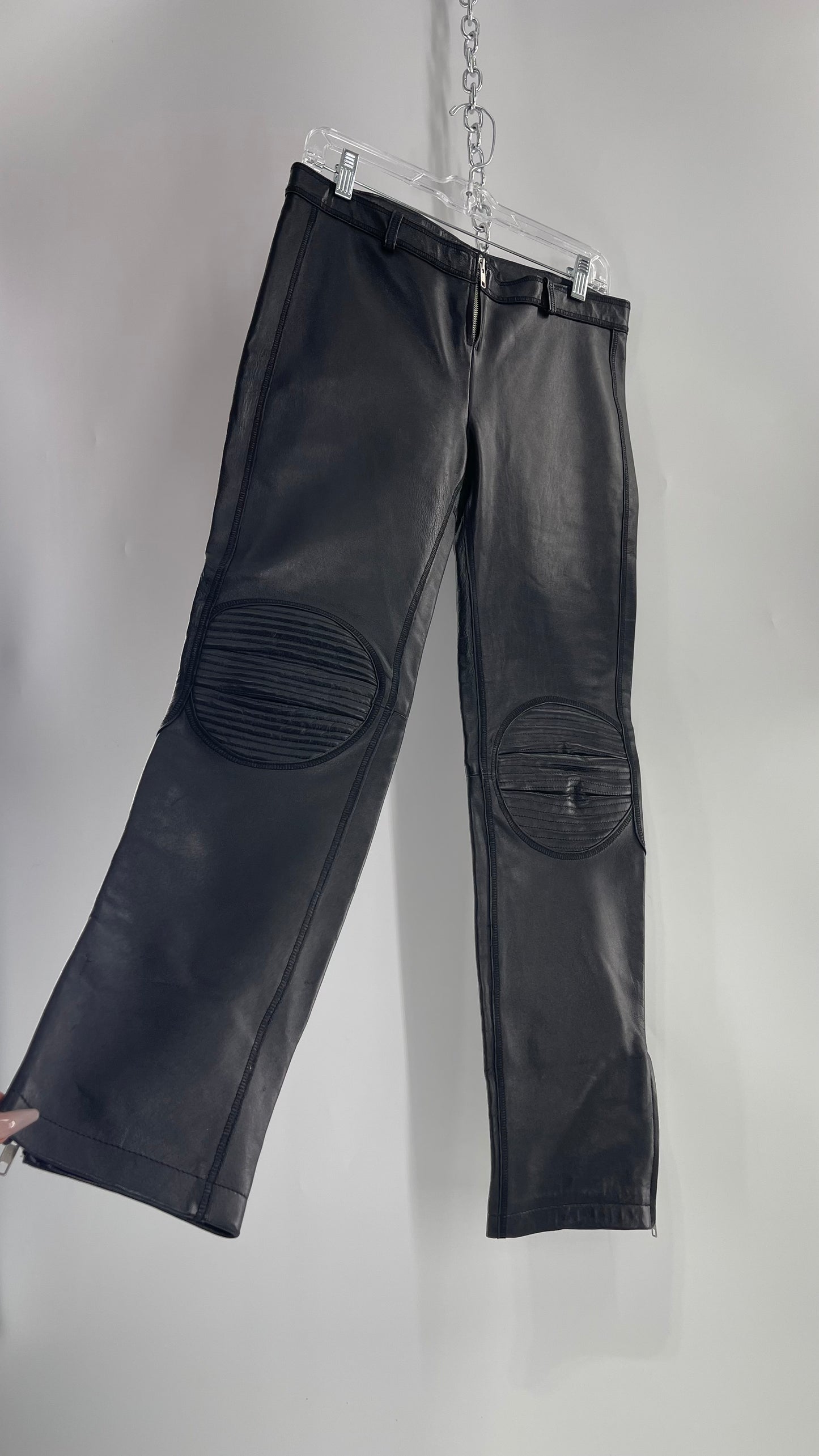 PAOLA FRANI 1990s Black Genuine Leather Low Waisted, Zip Front, Patched Bum and Knee Pants (8)