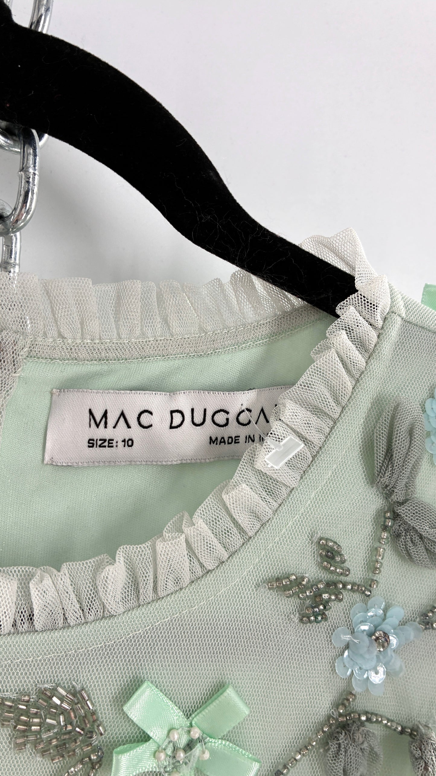 MAC DUGGAL Green Embellished Ruffle Tiered High Neck Floral Dress (10)