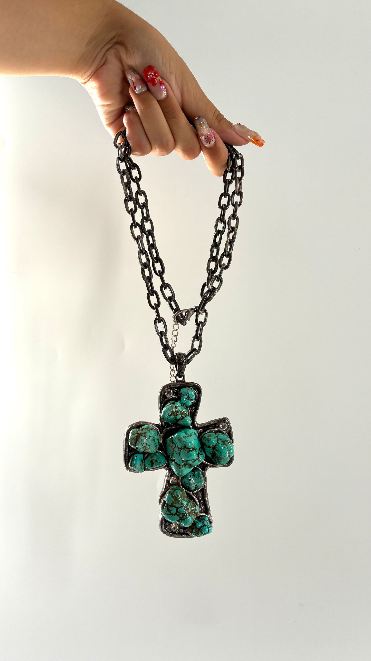 Vintage Heavy Metal Cross Necklace with Soldered Turquoise Stones and Rhinestones