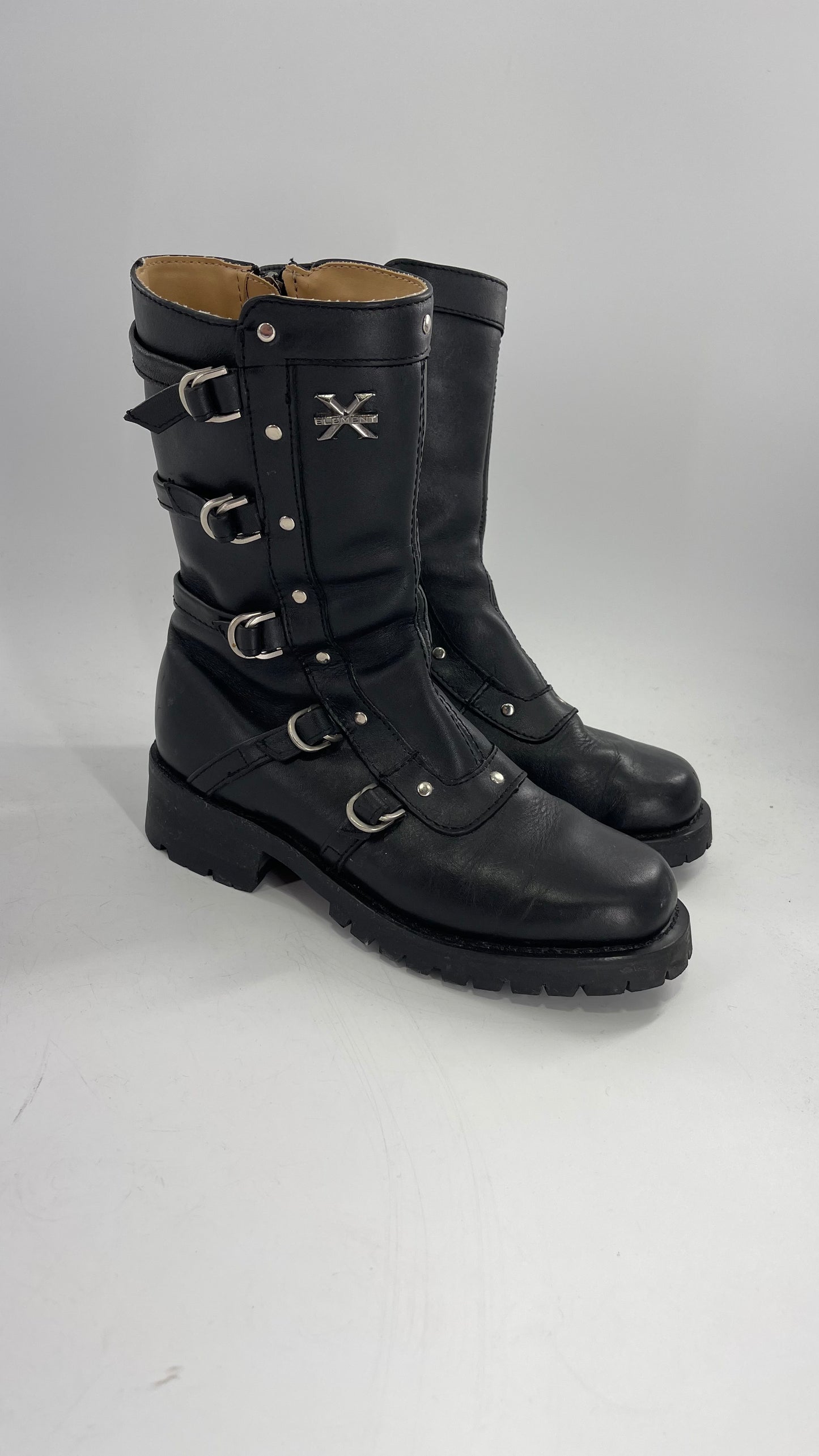 Vintage 1990s XELEMENT Buckle Side Genuine Leather Steam Punk Boots (Women’s 8.5)