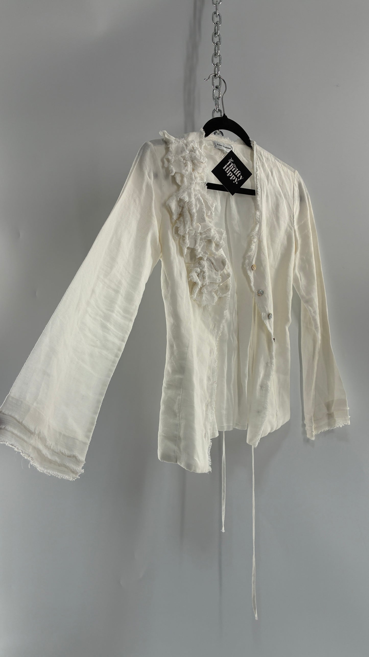 Vintage ANNE FONTAINE Off White Linen Woven Button Up Blouse with Back Corseting, Pearlescent Shell Buttons, and Rosette Details (36)