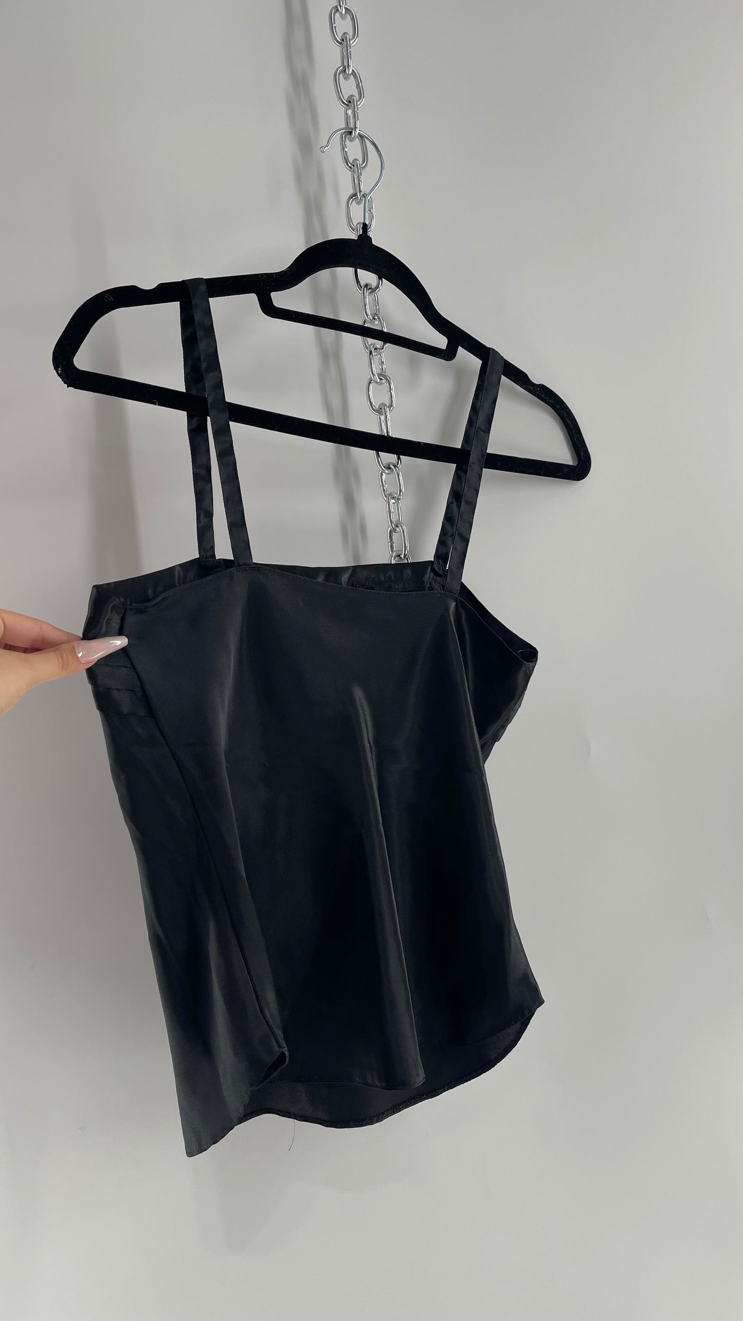 Vintage Silky Black Camisole with Pleated Neckline (Small)