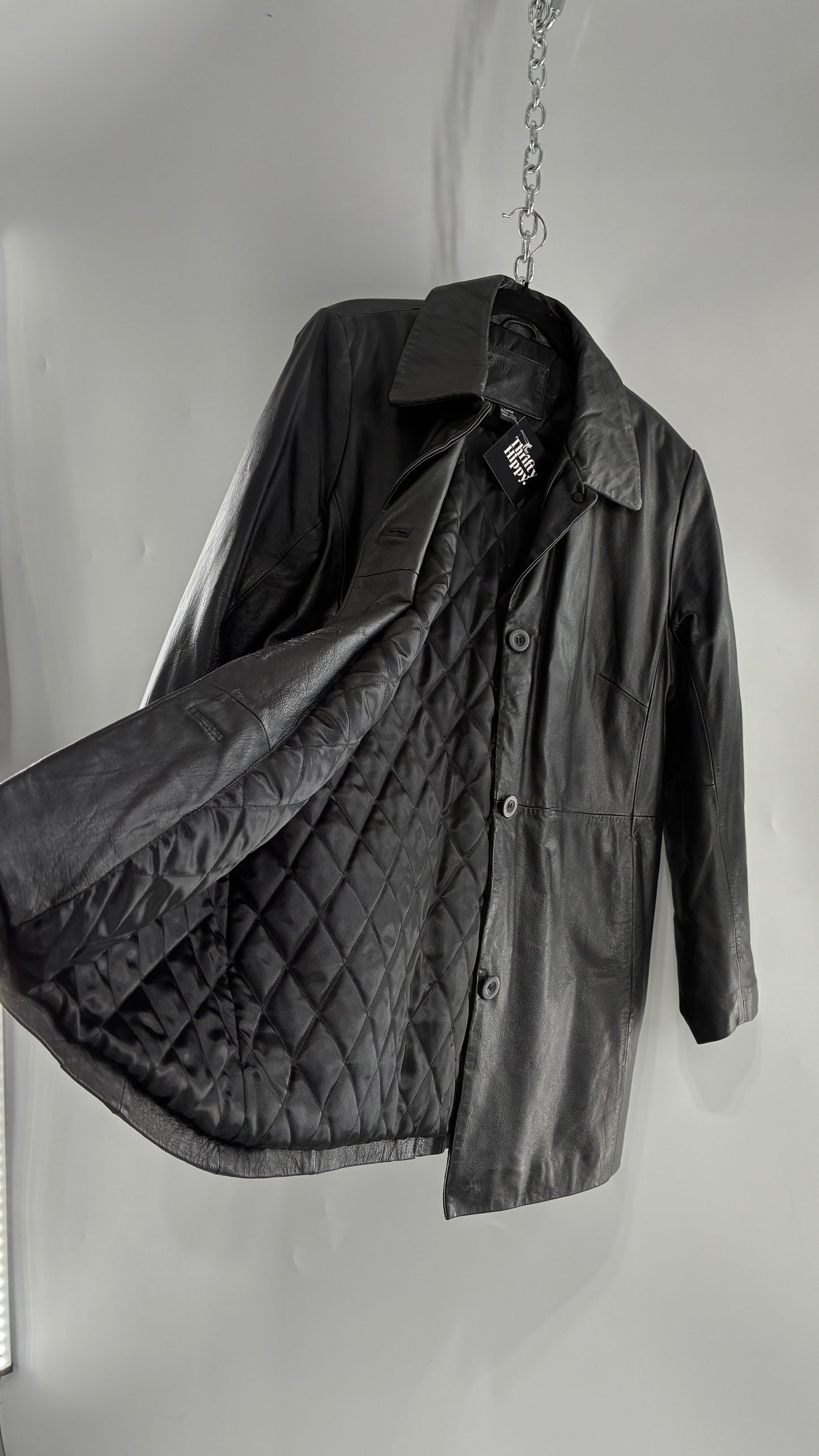 Vintage KATHY IRELAND Black Leather Jacket with Quilted Lining (Large)