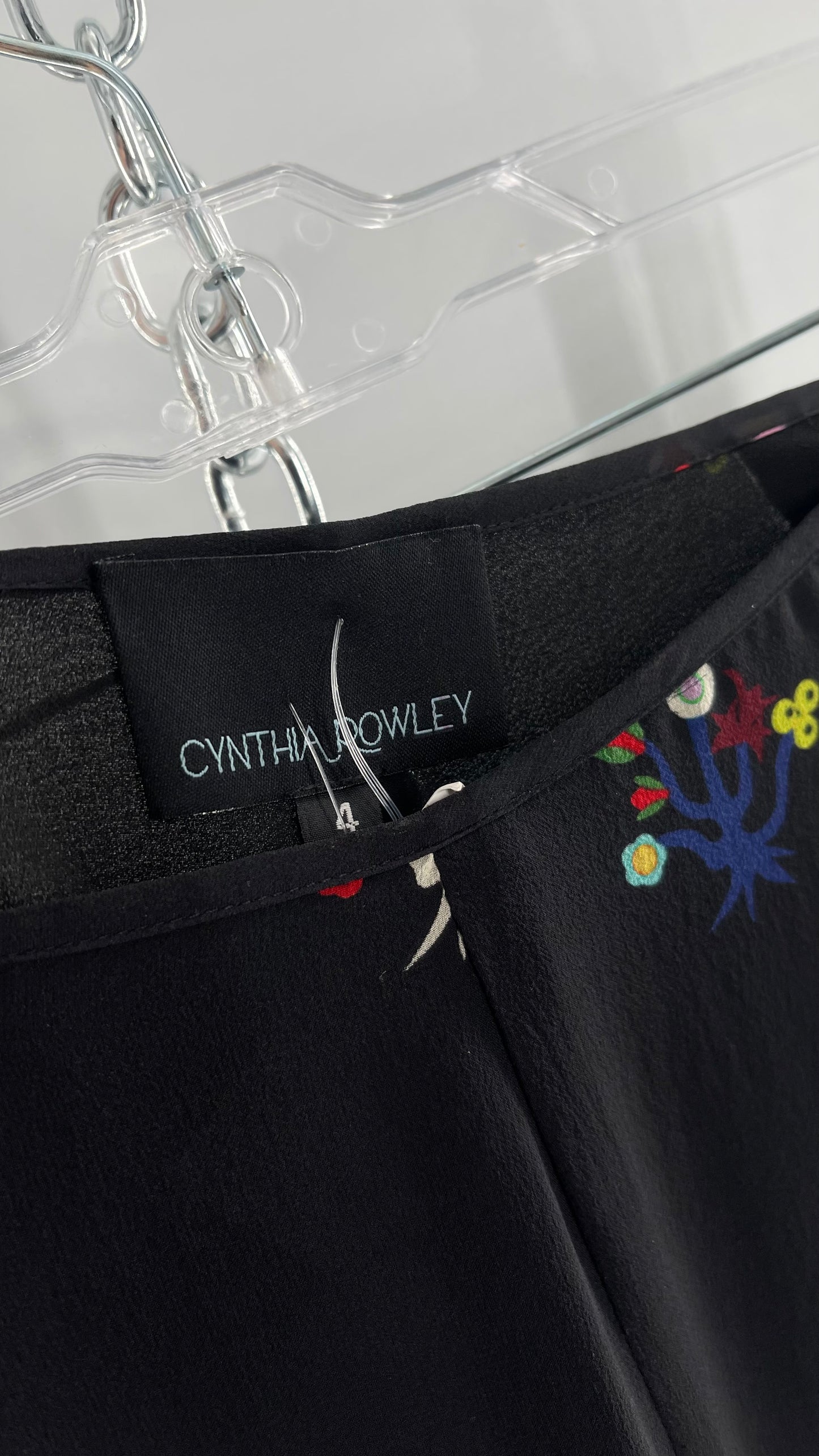 Cynthia Rowley Black Flared Pants with Colorful Abstract Florals, Dual Lining and Ruffle Trim (4)