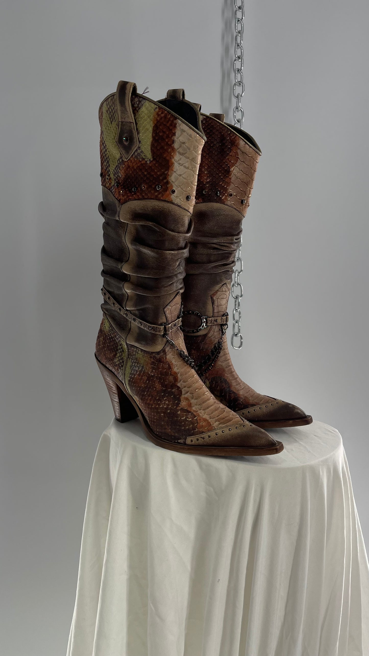 Vintage Steve Madden Stacked/Ruched Pointed Toe Cowboys with Snake Texture, Brown/Green/Orange with Chains and Studs (8)