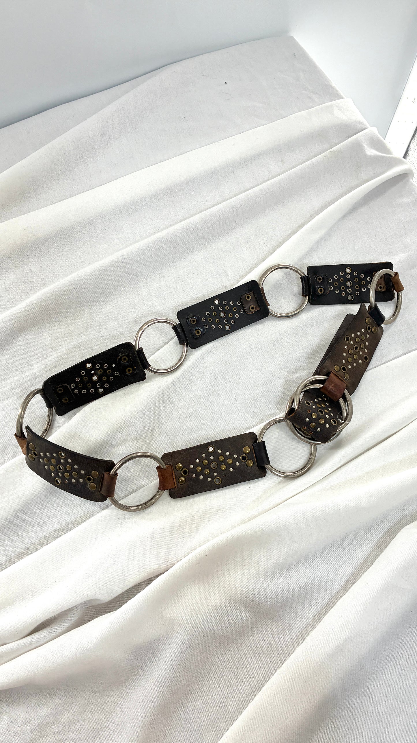 Vintage Studded Leather and Interconnected Metal Ring Belt