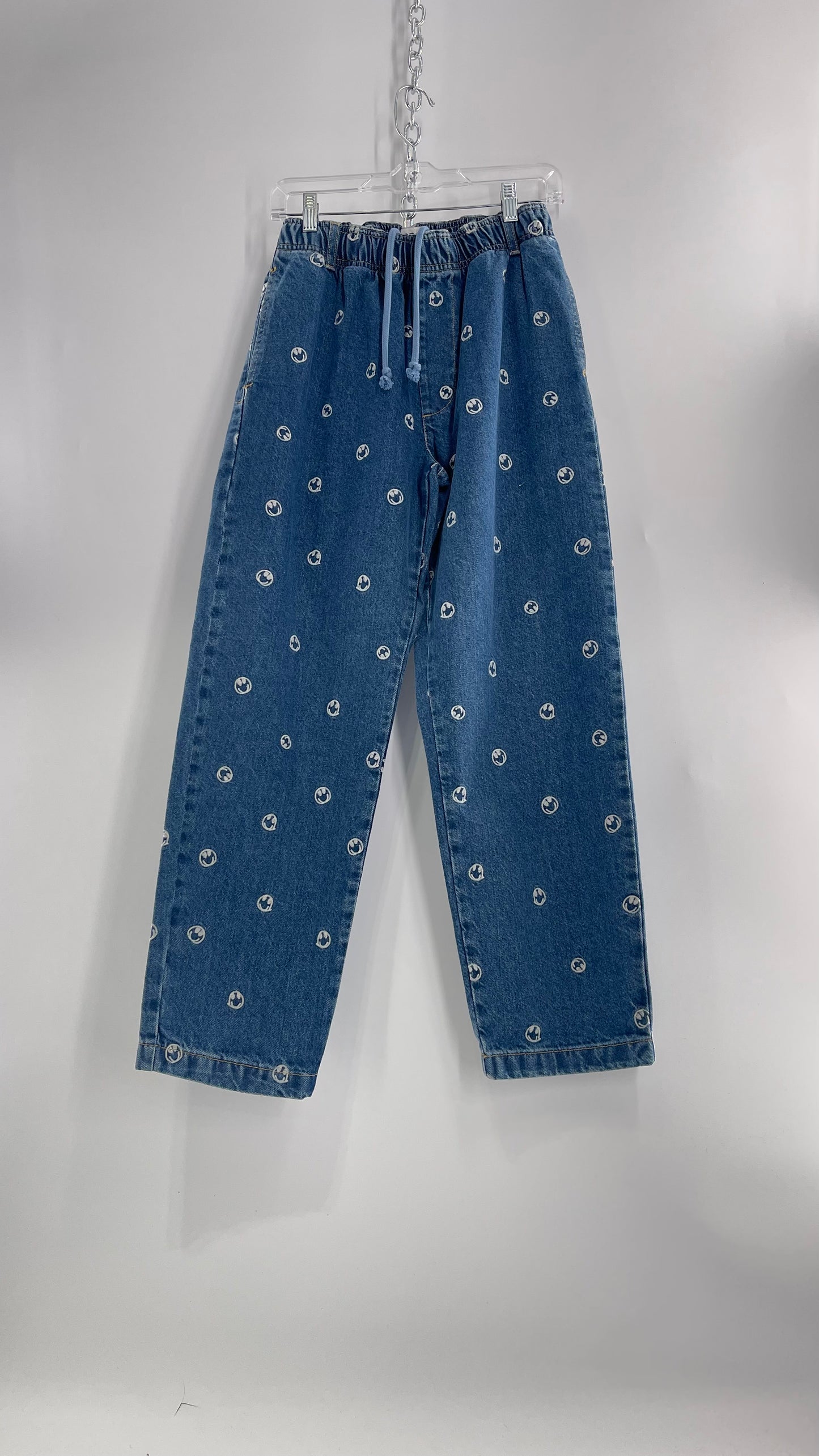 BDG Smiley Face Embroidered Baggy Wide Leg Medium Wash Jeans (Small)