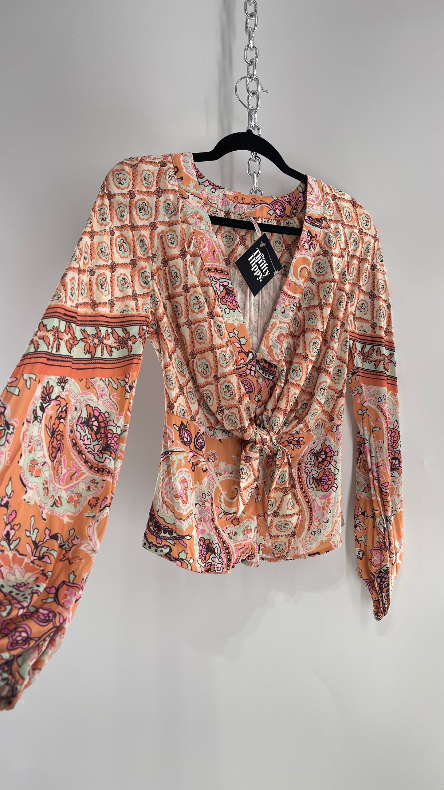 Free People Orange Pastels Paisley Blouse with Bust Tie and Balloon Sleeves (XS)