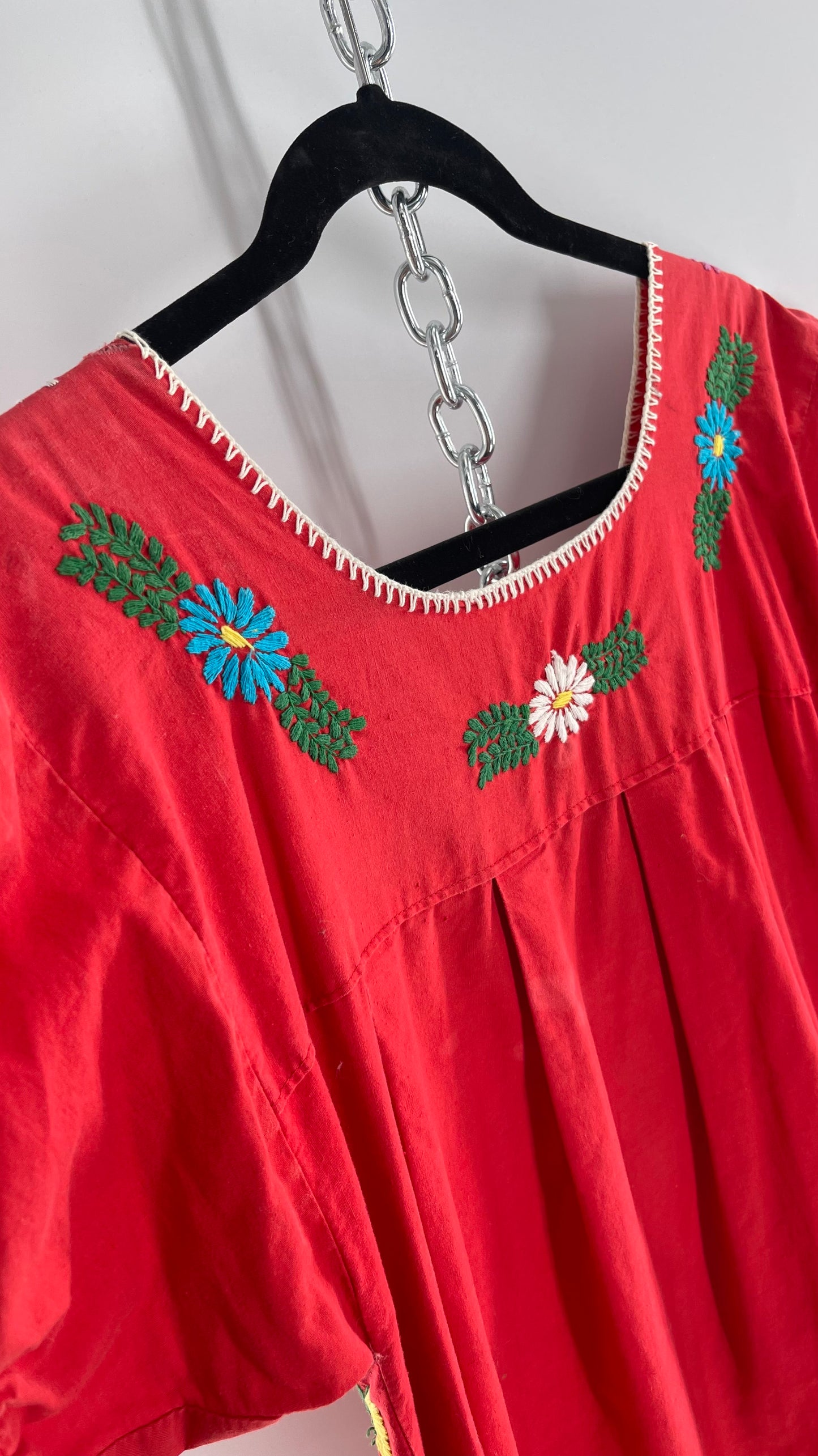 Vintage 1970s Red Cotton Dress with Hand Embroidered Florals Imported from Mexico (Small)