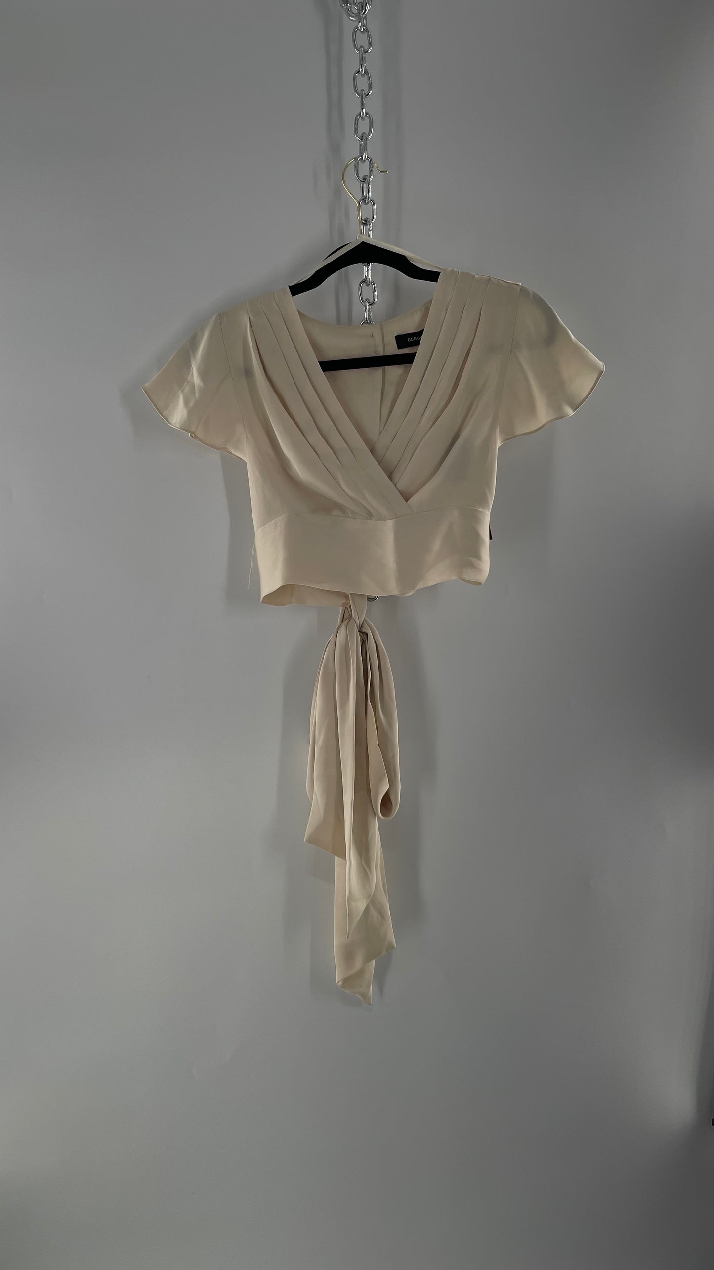 BCBGMAXAZRIA Off White Ivory Satin Tie Around Waist Cropped Blouse with Button Back and Tags Attached (XXS)