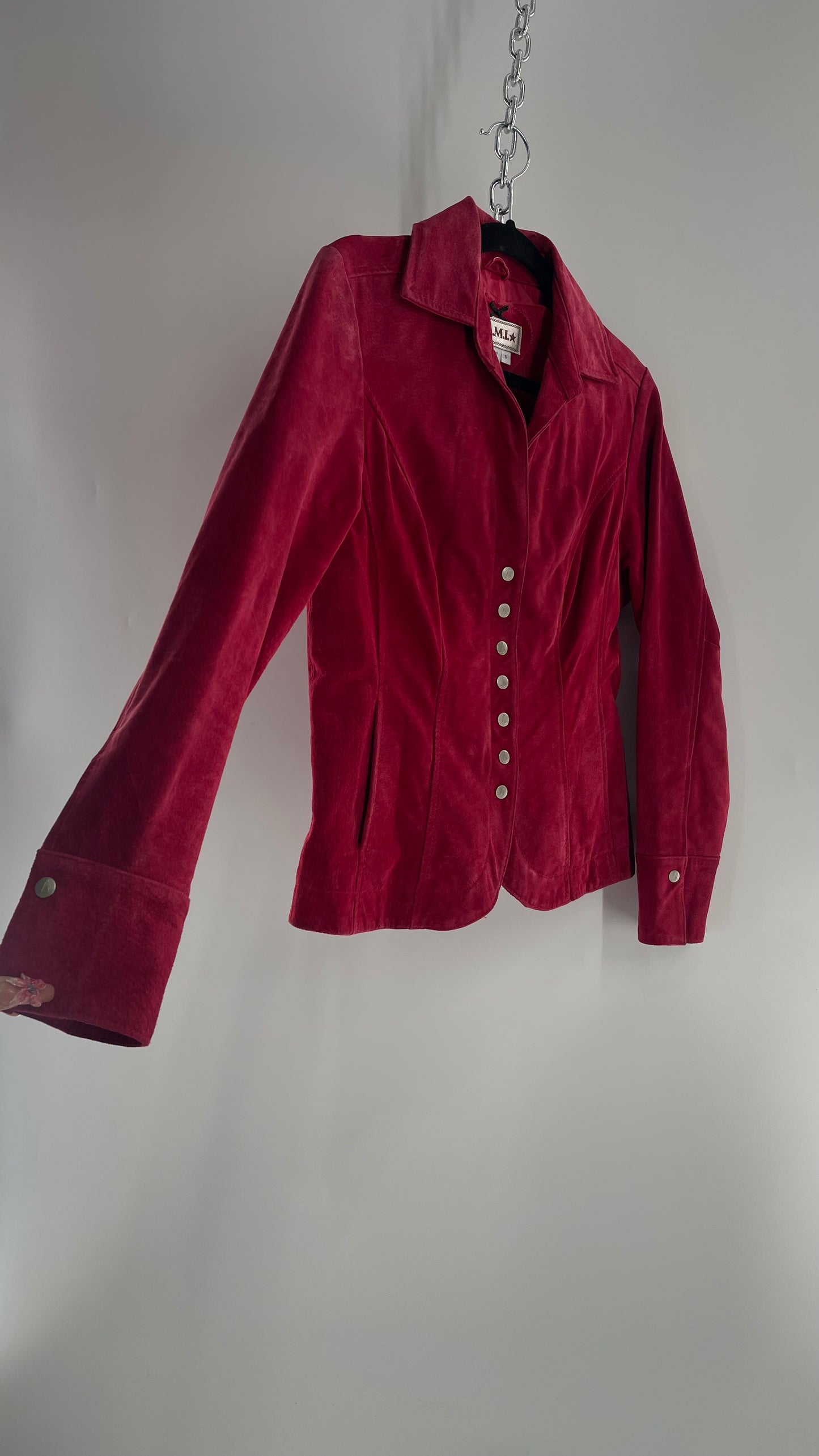 VINTAGE A.M.I Raspberry Red Suede Leather Slim Waist Metal Button Front Jacket (Small)