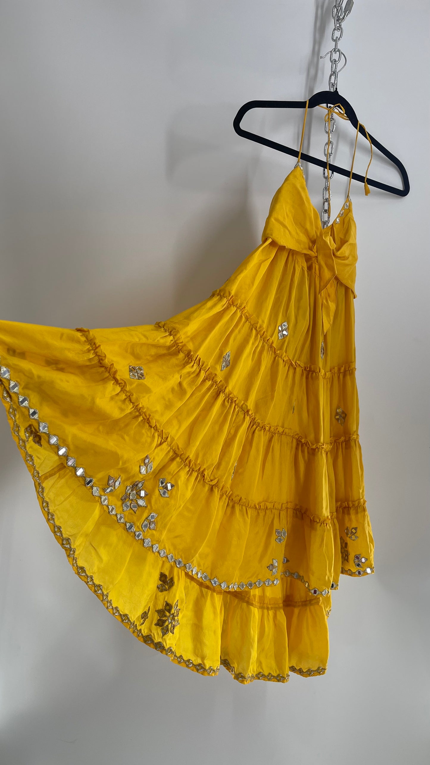 Vintage Juliet Dun Silky Yellow Tiered Dress with Mirror Details (2)