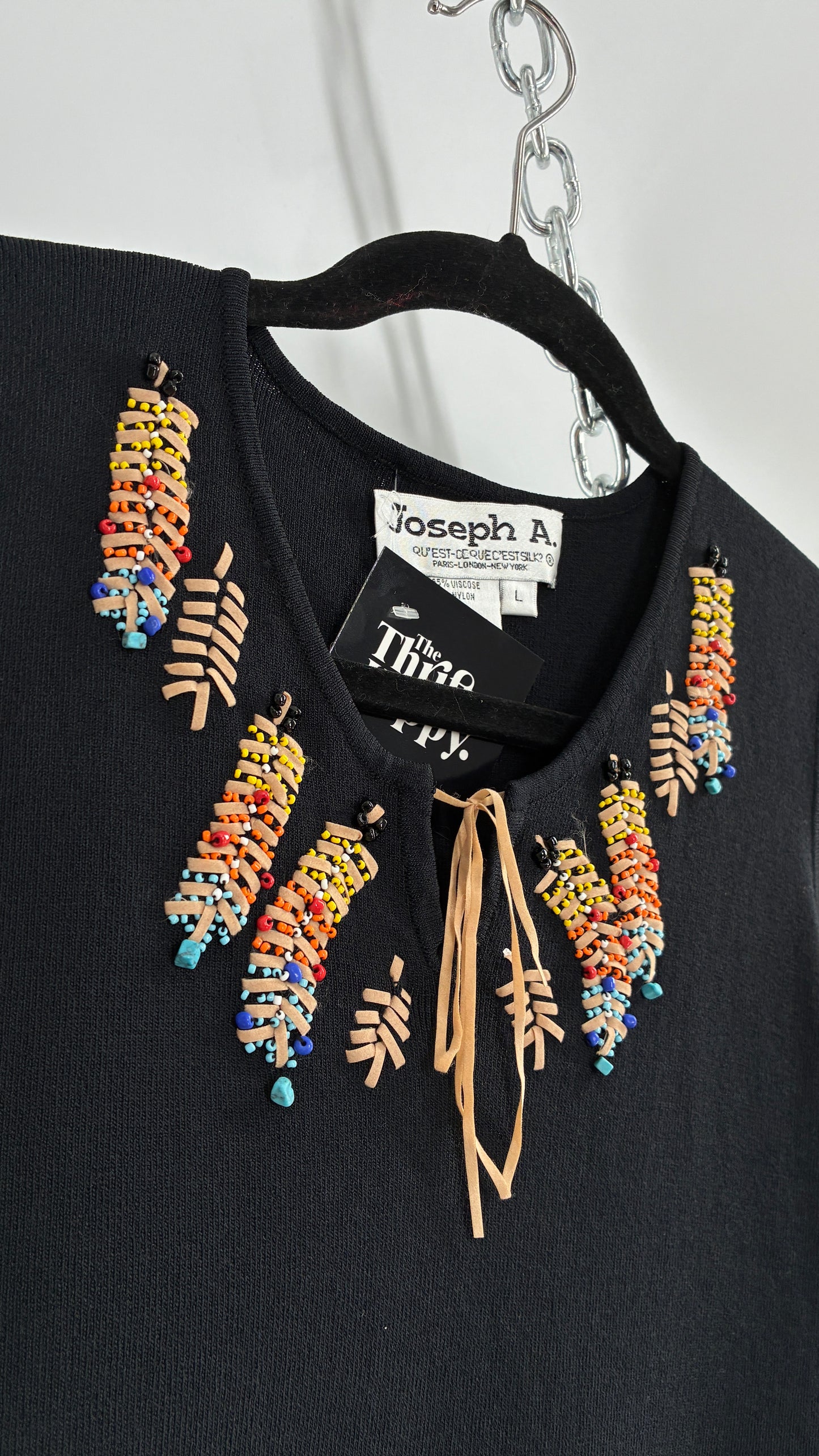 Vintage 1990s JOSEPH A Beaded Feather Black Sleeveless Top (Large)