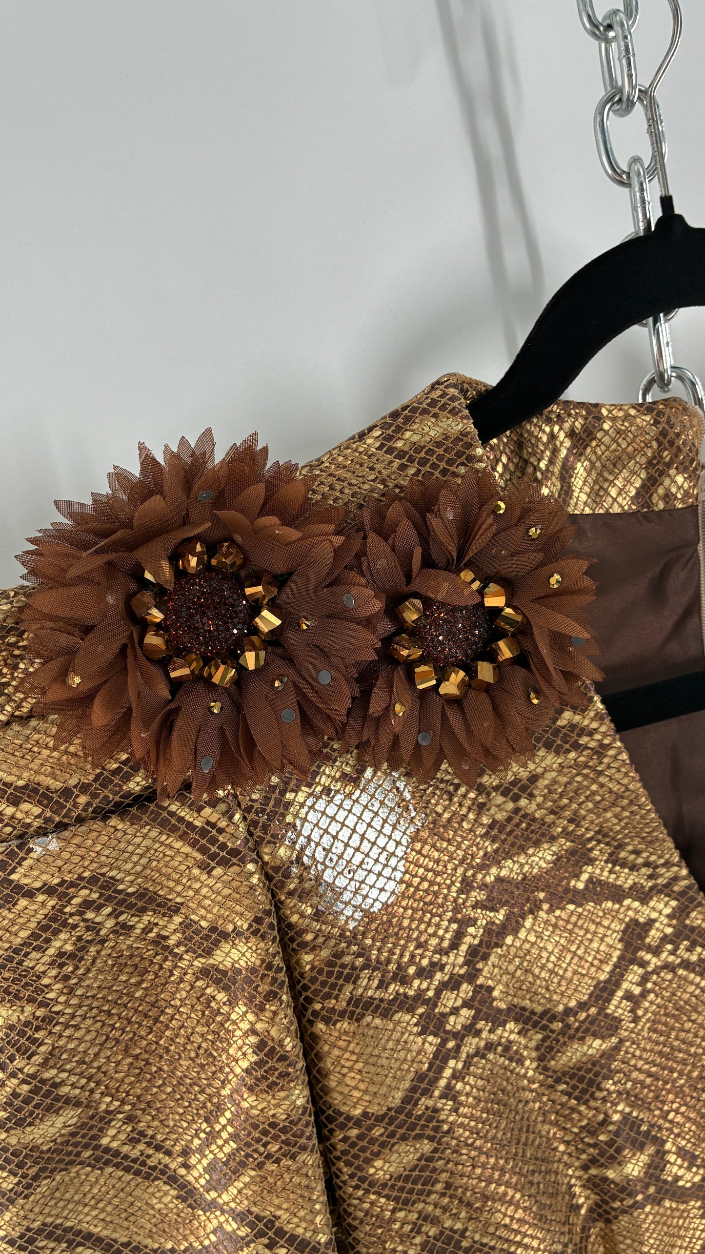 Vintage 1980s Handmade Genuine Leather Snakeskin Bronze Midi Dress with Floral Appliqués (Medium, See Measurements)