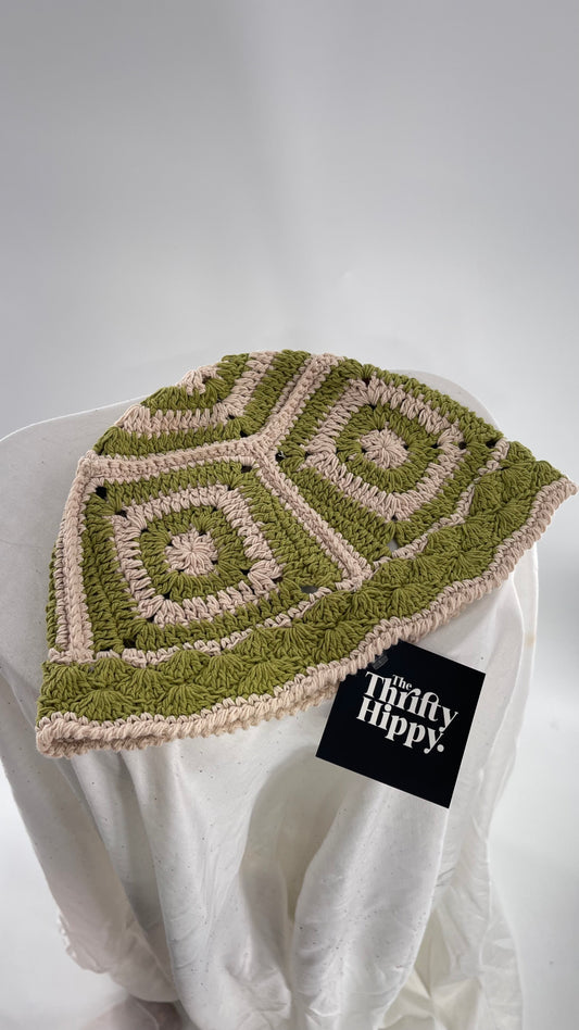 Green and Beige Crochet Granny Knit Bucket Hat