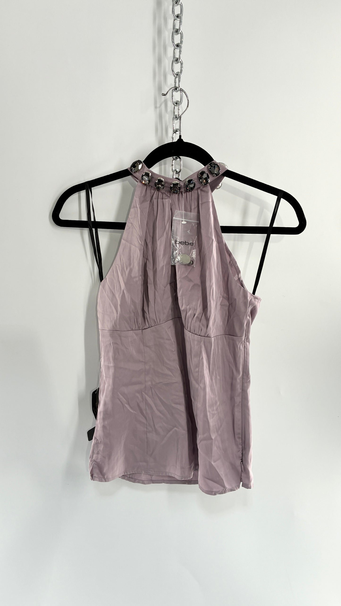 Deadstock Vintage BEBE Silky Dusty Purple Halter with Oversized Rhinestone Choker (XS)