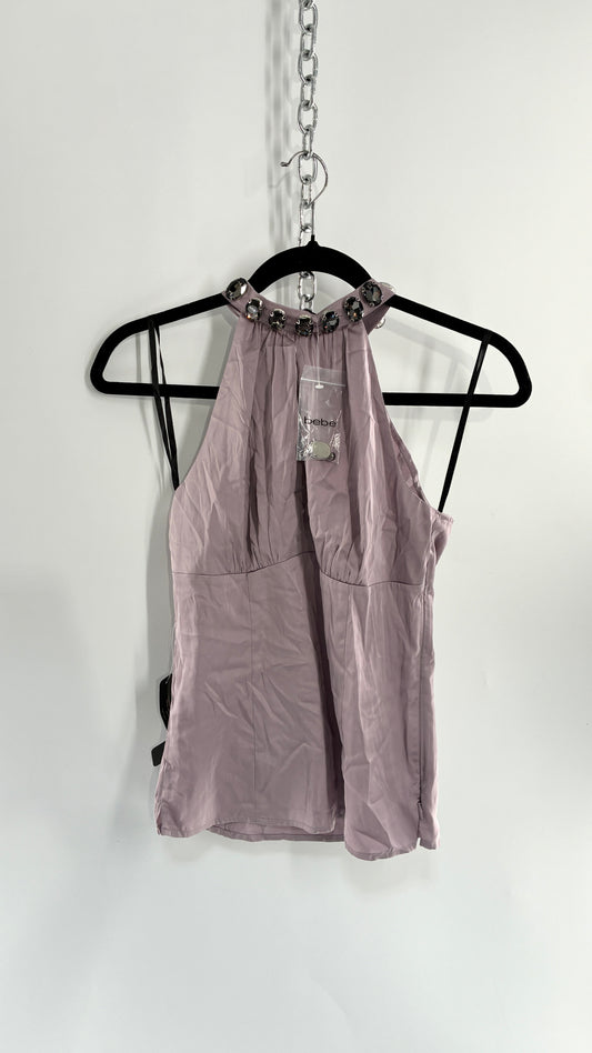 Deadstock Vintage BEBE Silky Dusty Purple Halter with Oversized Rhinestone Choker (XS)