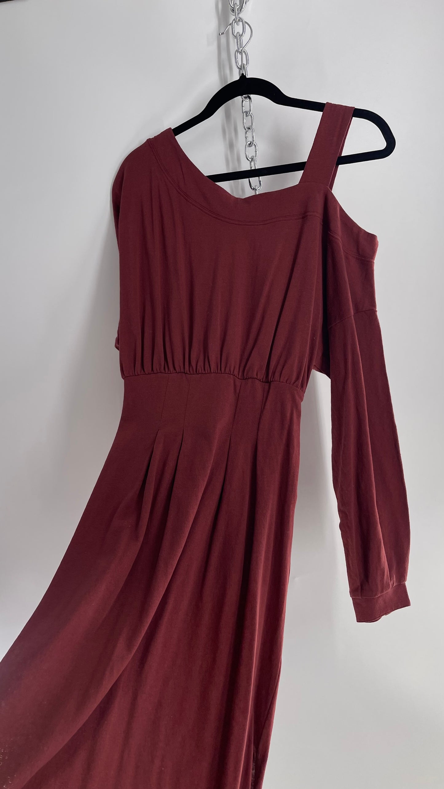 Free People Maroon Bubble Sleeve, Side Button, Off Shoulder Dress (Small)