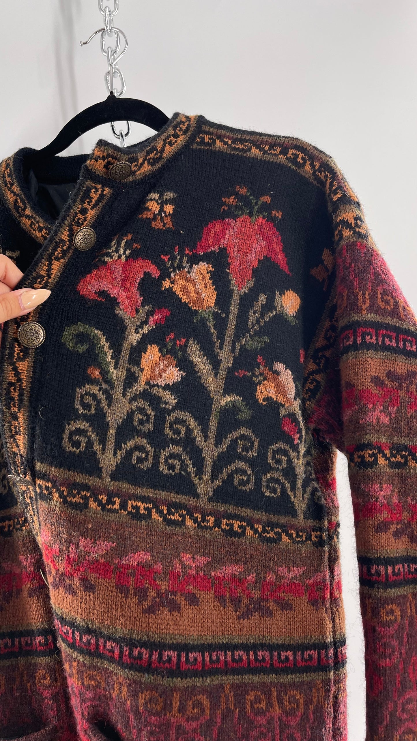 Vintage Iceland Design Wool Jacket with Brass Embossed Buttons and Folk Floral Patterning(C)(Medium)