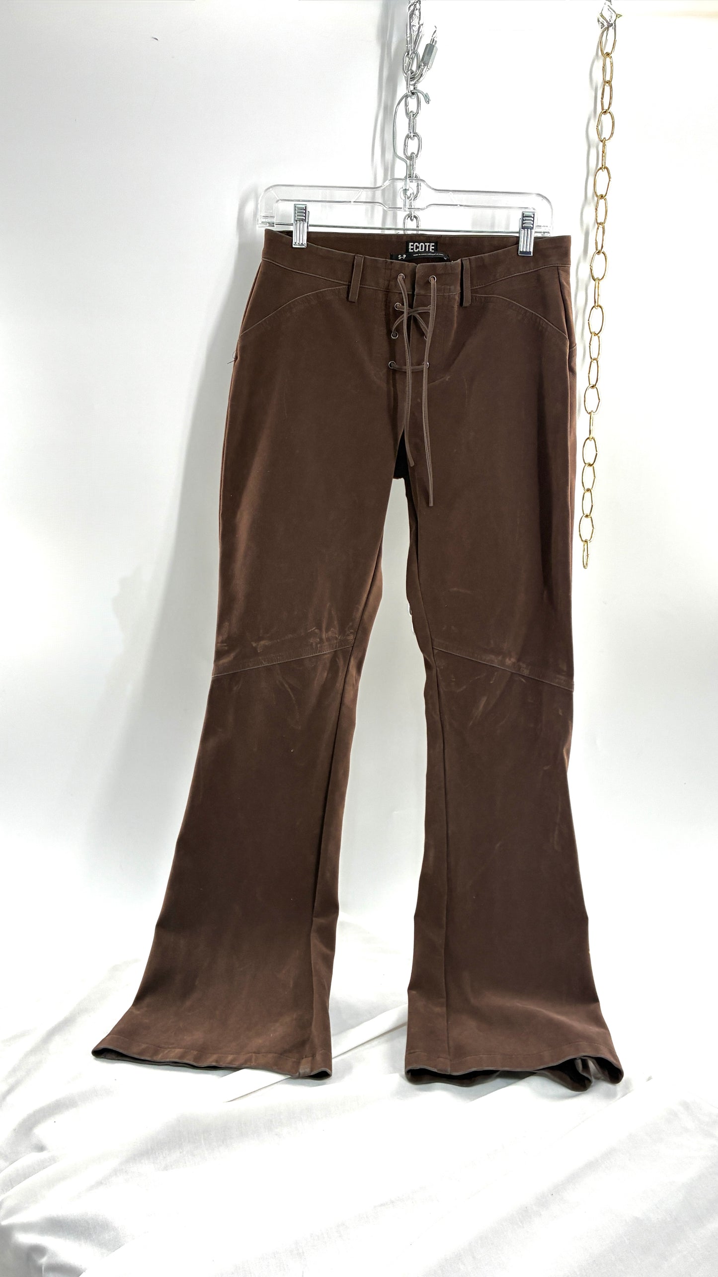 Vintage ECOTE Vegan Leather Velour Brown Lace Up Closure, Low Rise, Boot Leg Pants (Small)