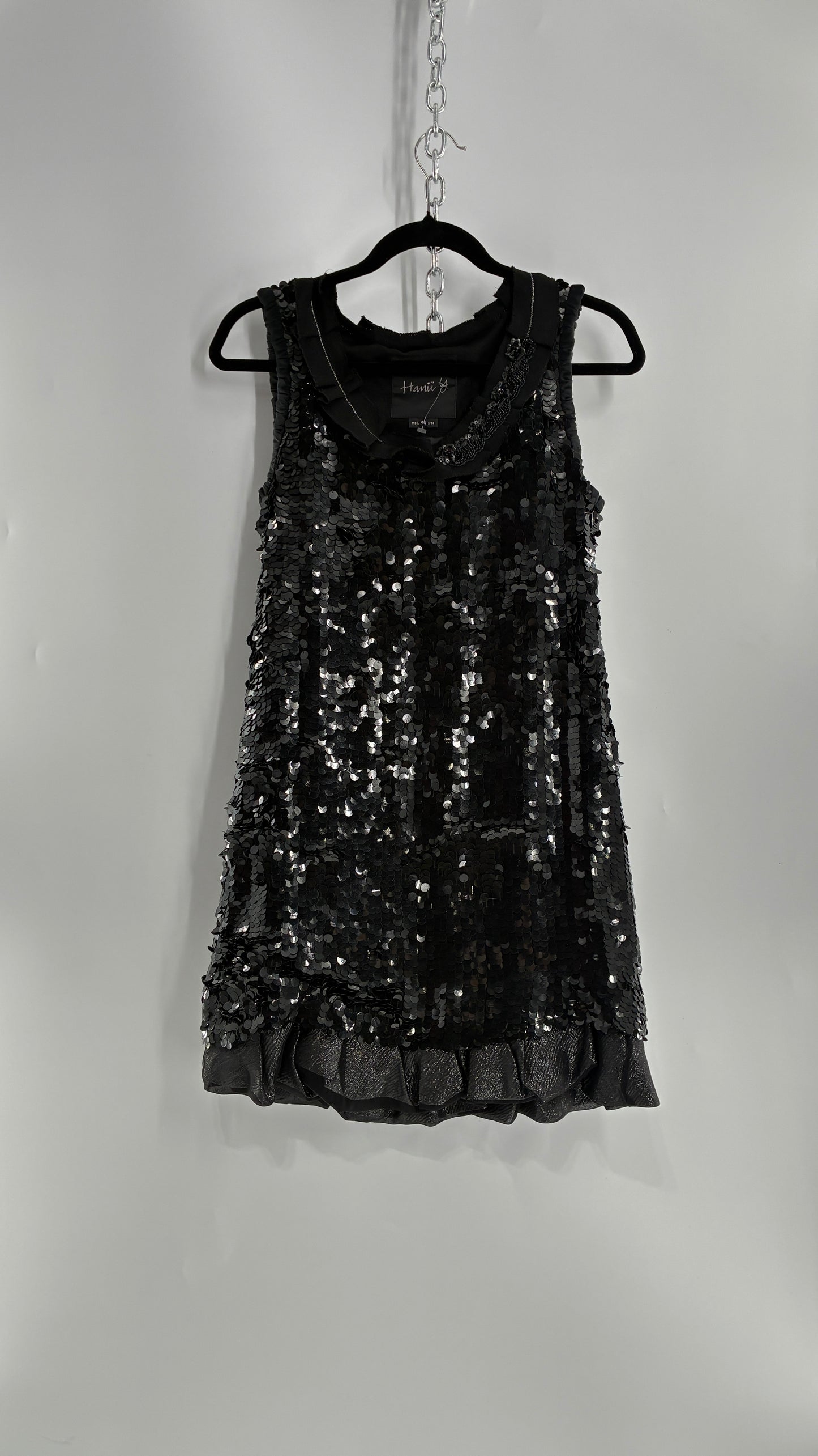HANII Y. Black Sequin Mini Dress with Beaded, Pleated Ribbon Neckline and Bubble Hem (40)