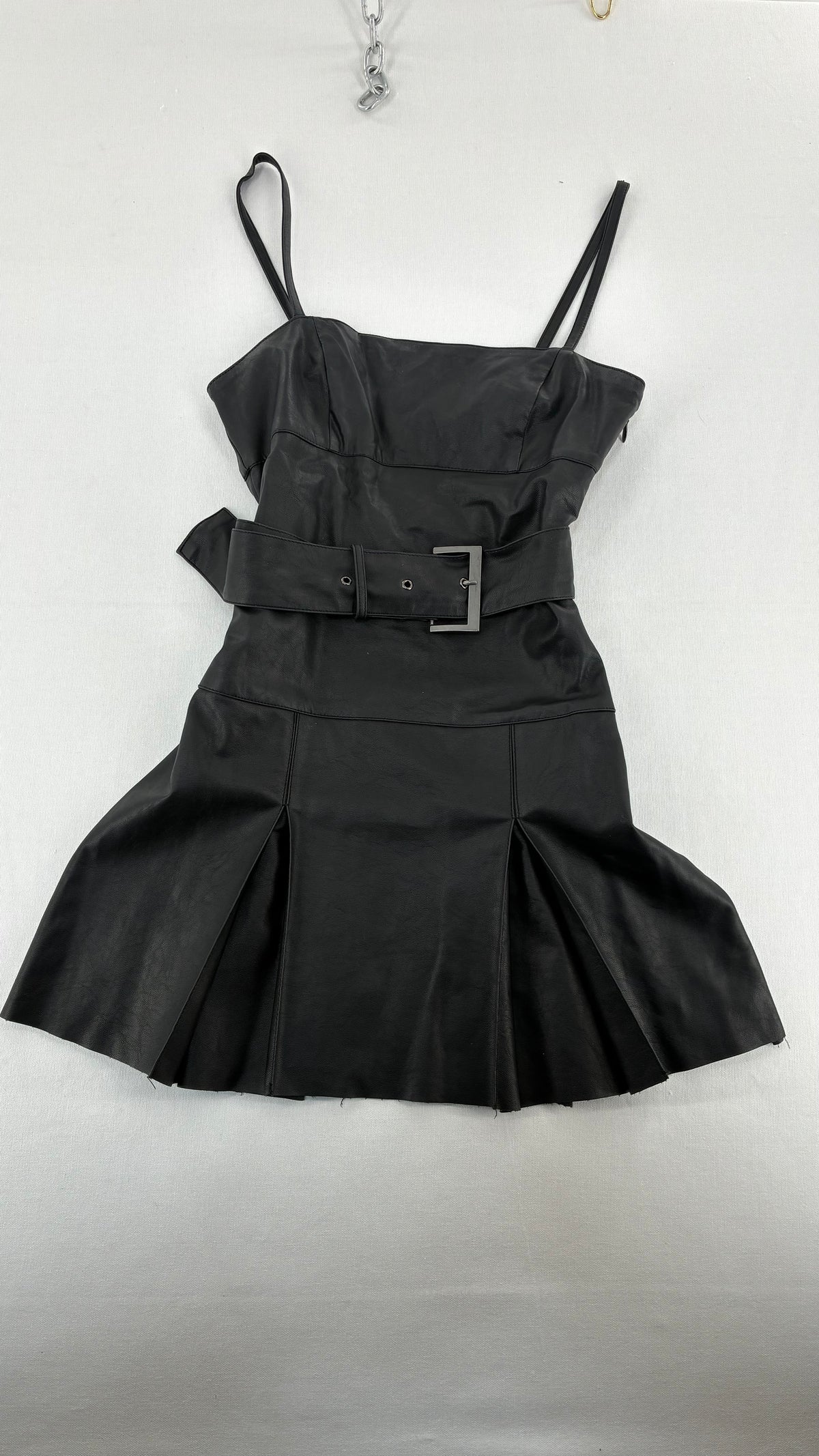 Free People Black, Belted Vegan Leather Pleated Mini Dress (2)