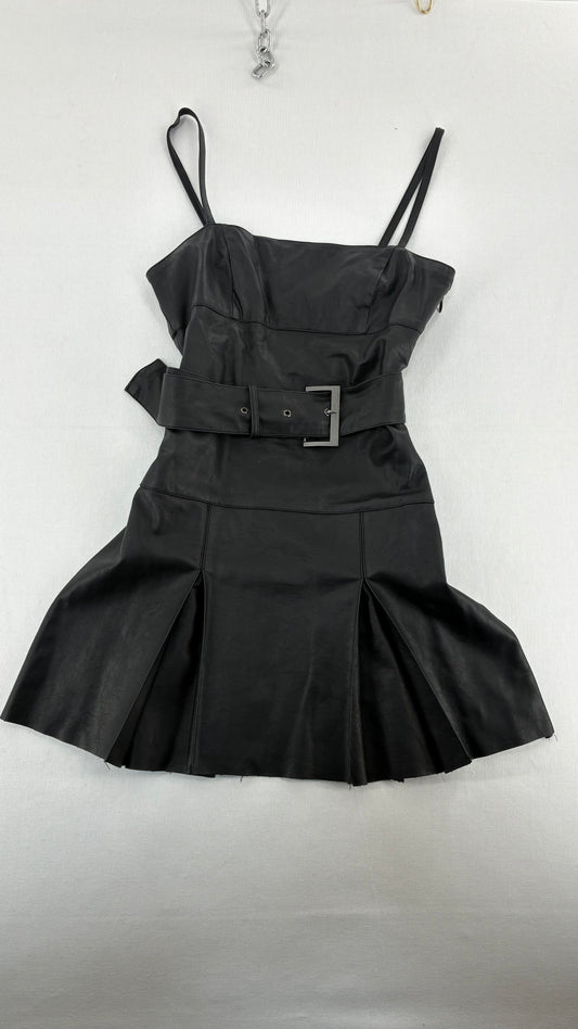 Free People Black, Belted Vegan Leather Pleated Mini Dress (2)