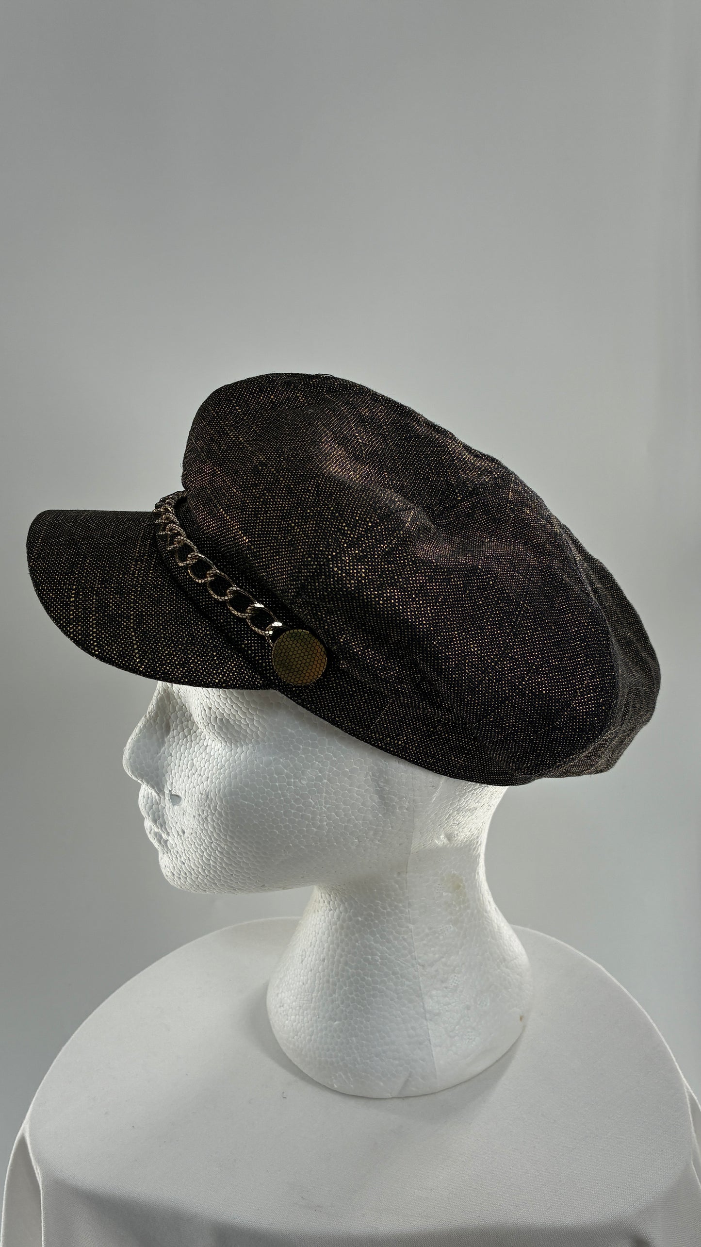 Vintage BADGLEY MISCHKA Metallic Bronze Newsboy Cap with Chain Detail