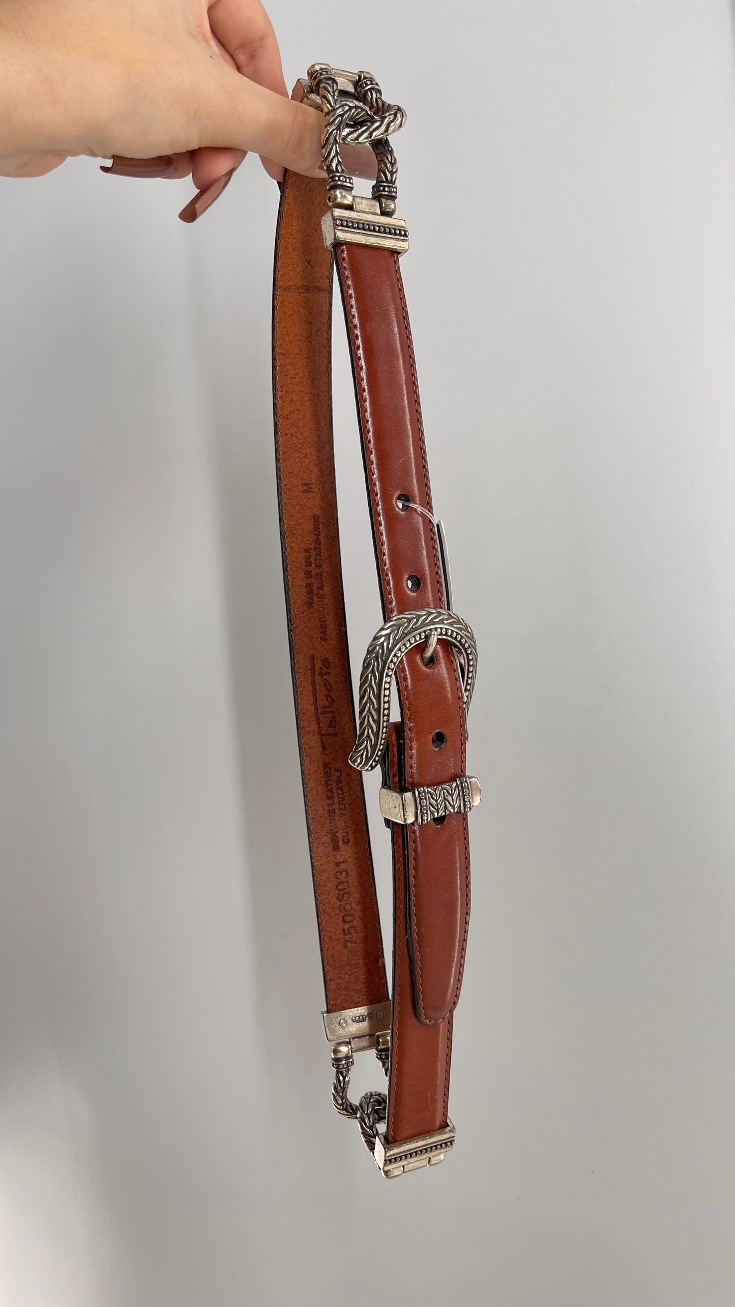 Vintage 1996 Brown Leather Skinny Belt with Western Style Silver Engraved Buckle (Medium)
