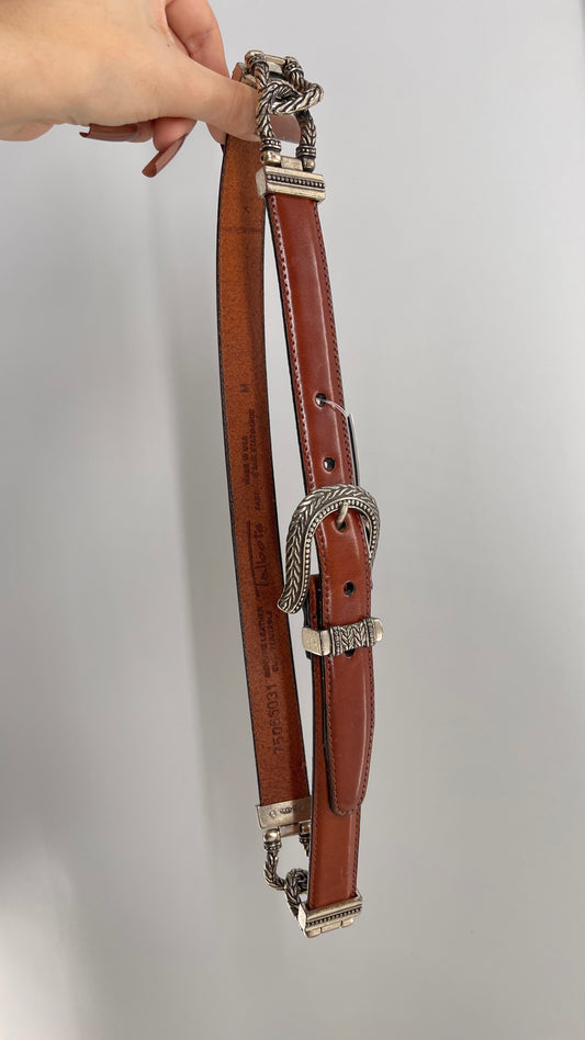 Vintage 1996 Brown Leather Skinny Belt with Western Style Silver Engraved Buckle (Medium)