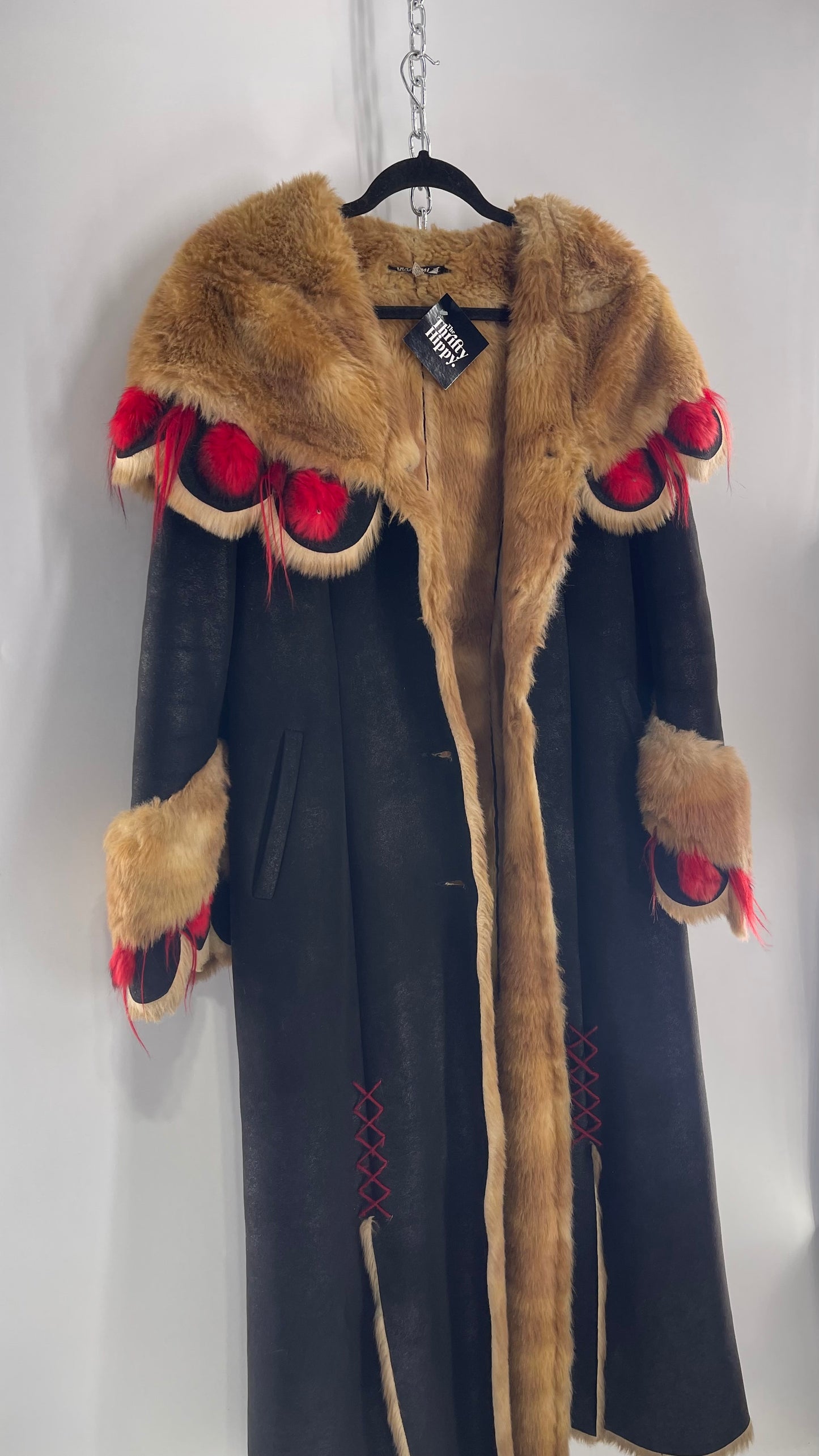 Vintage Russian Black Coat with Brown Fur Piping/Lining, Red Feathers, Scalloped Sleeve, and Hood (Medium)