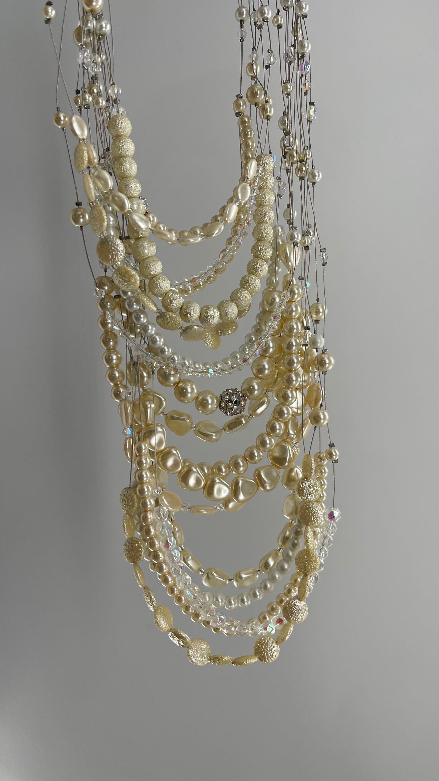 Vintage Handmade Exaggerated Multi Layer Pearl, Beaded Statement Necklace for Plunging Necklines