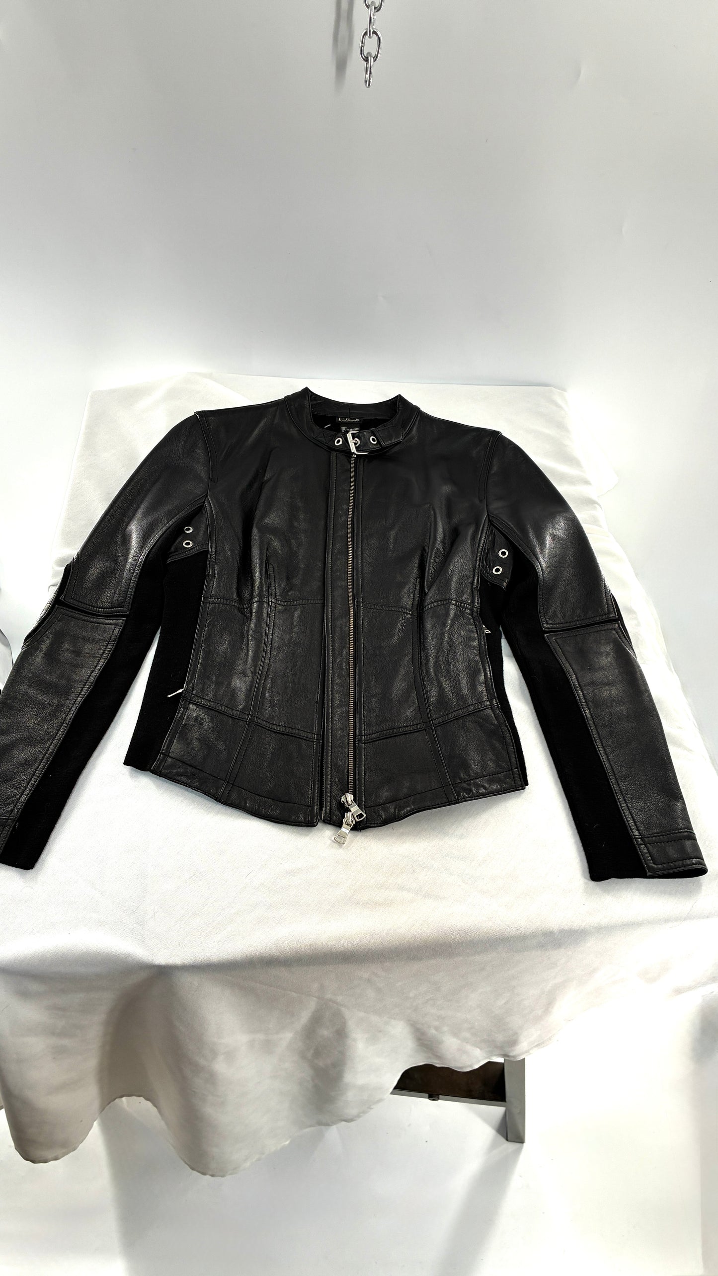 Vintage INC Black Genuine Leather and Wool Blend Paneled Patch Motorcycle Jacket (Medium)