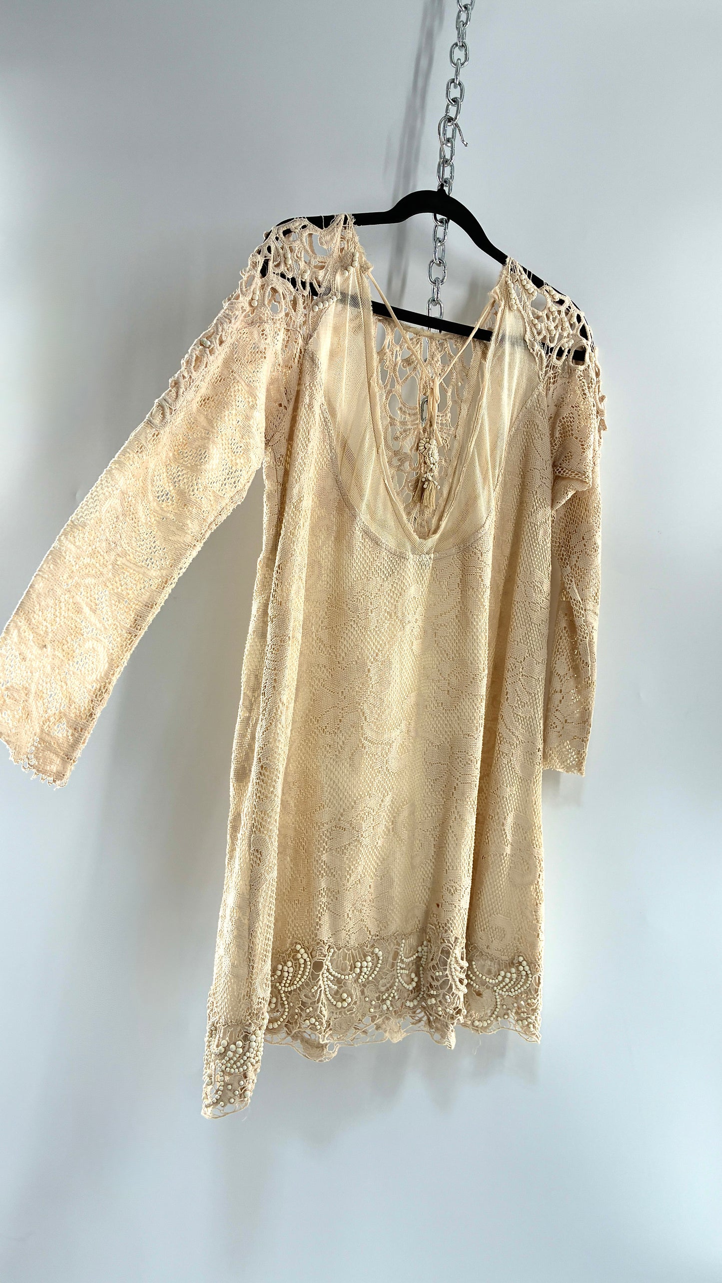 Vintage Free People Beige Long Sleeve Lace Dress with Deep Neckline, Low Back and Beaded Details
