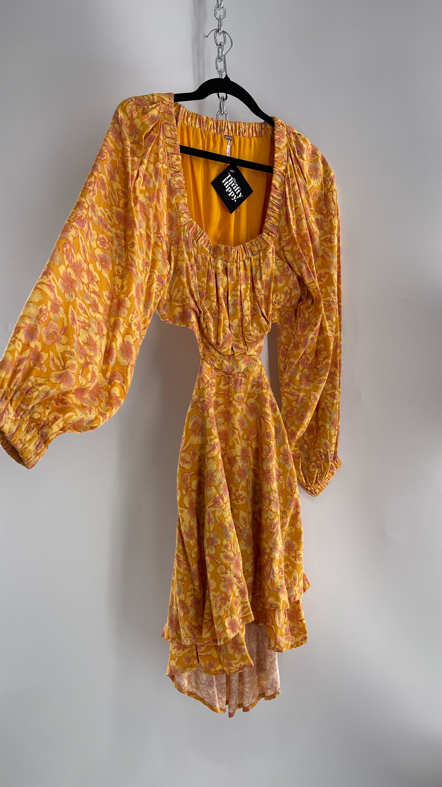 Free People Yellow Cut Out Golden Florals Dress with Ruched Bust and Balloon Sleeves (XS)