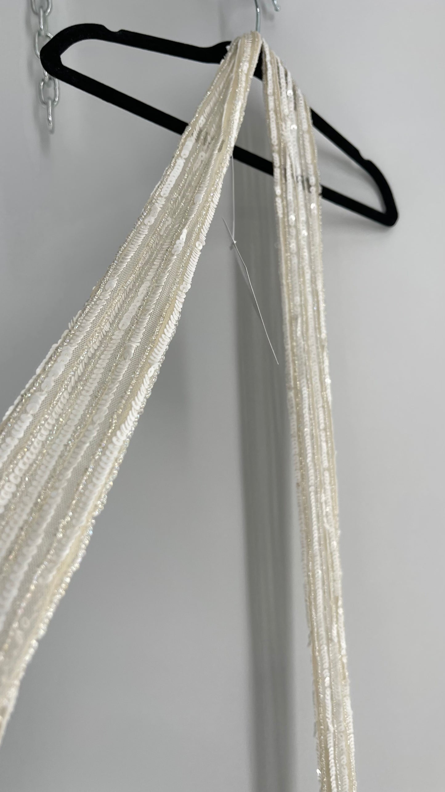 Vintage White Sequin Iridescent Beaded Skinny Scarf